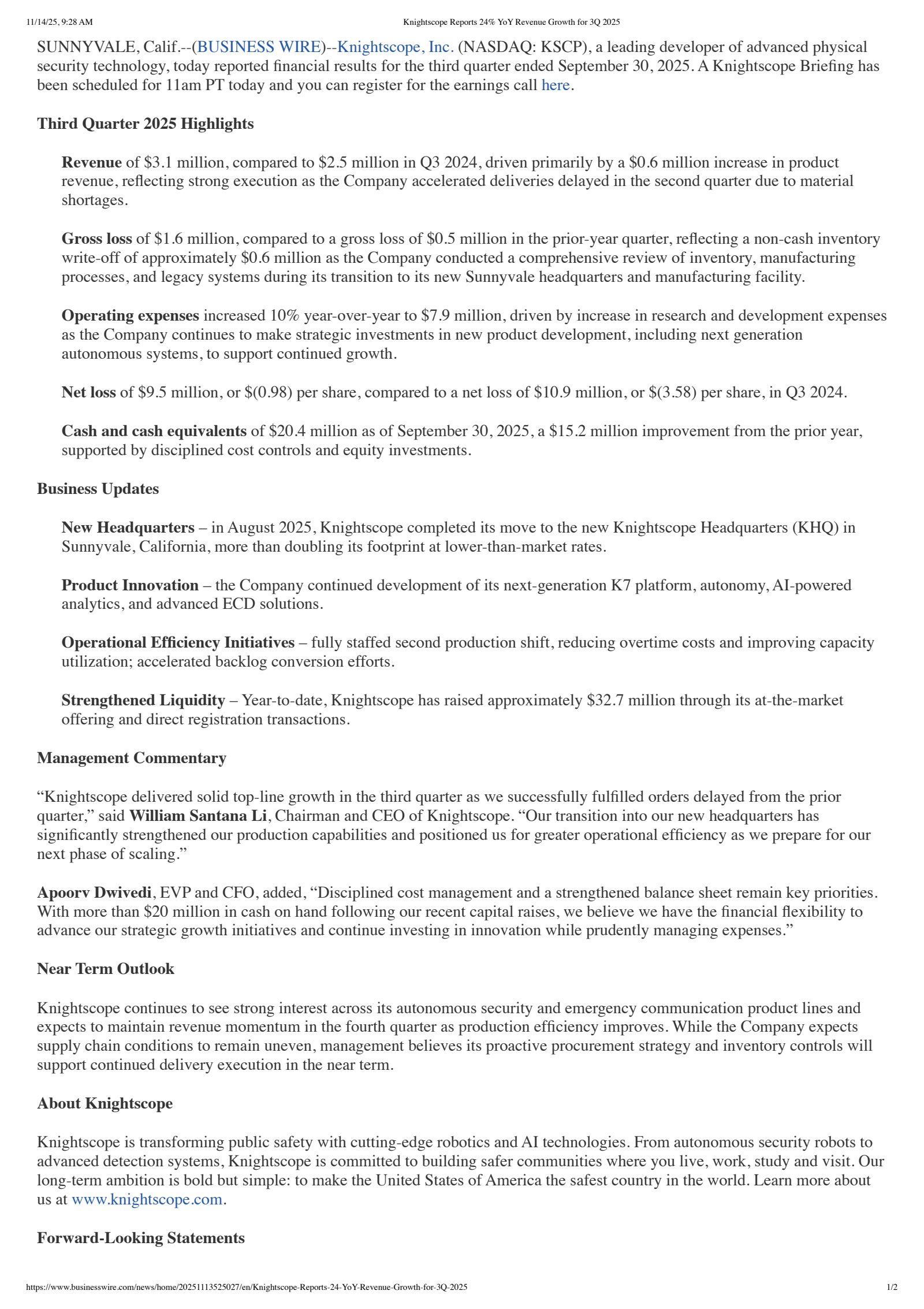 Knightscope's Q3 2025 Earnings Release