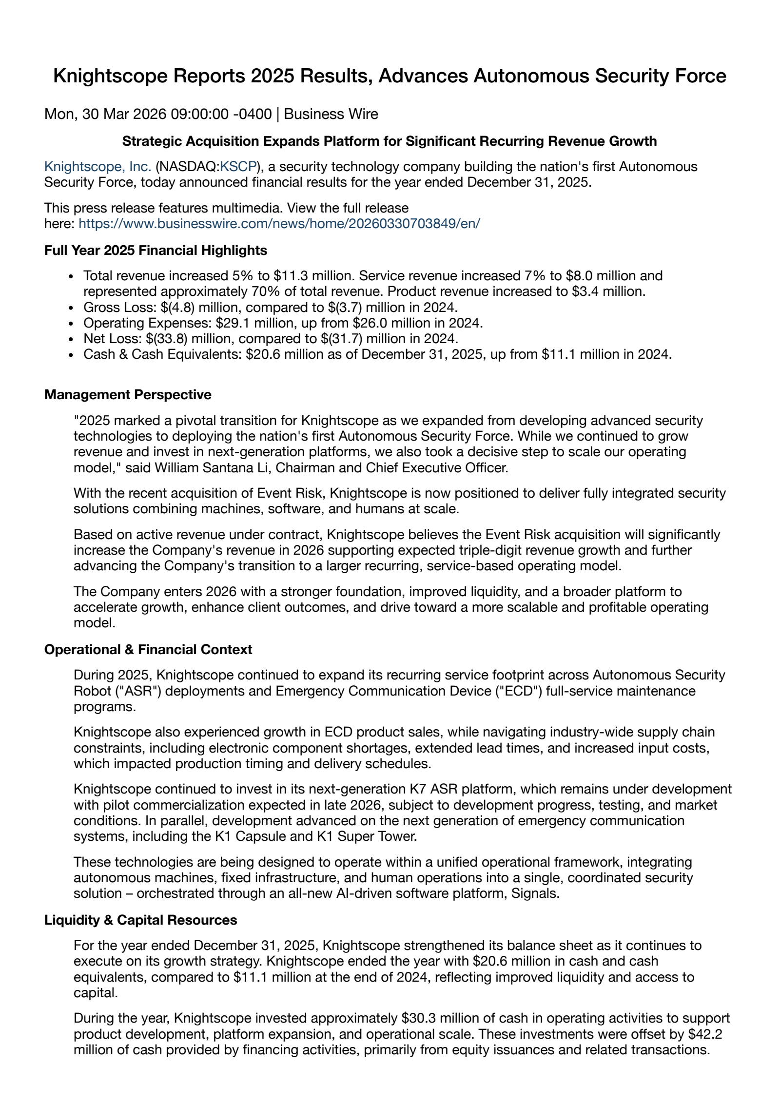 Knightscope's Q4 2025 Press Release