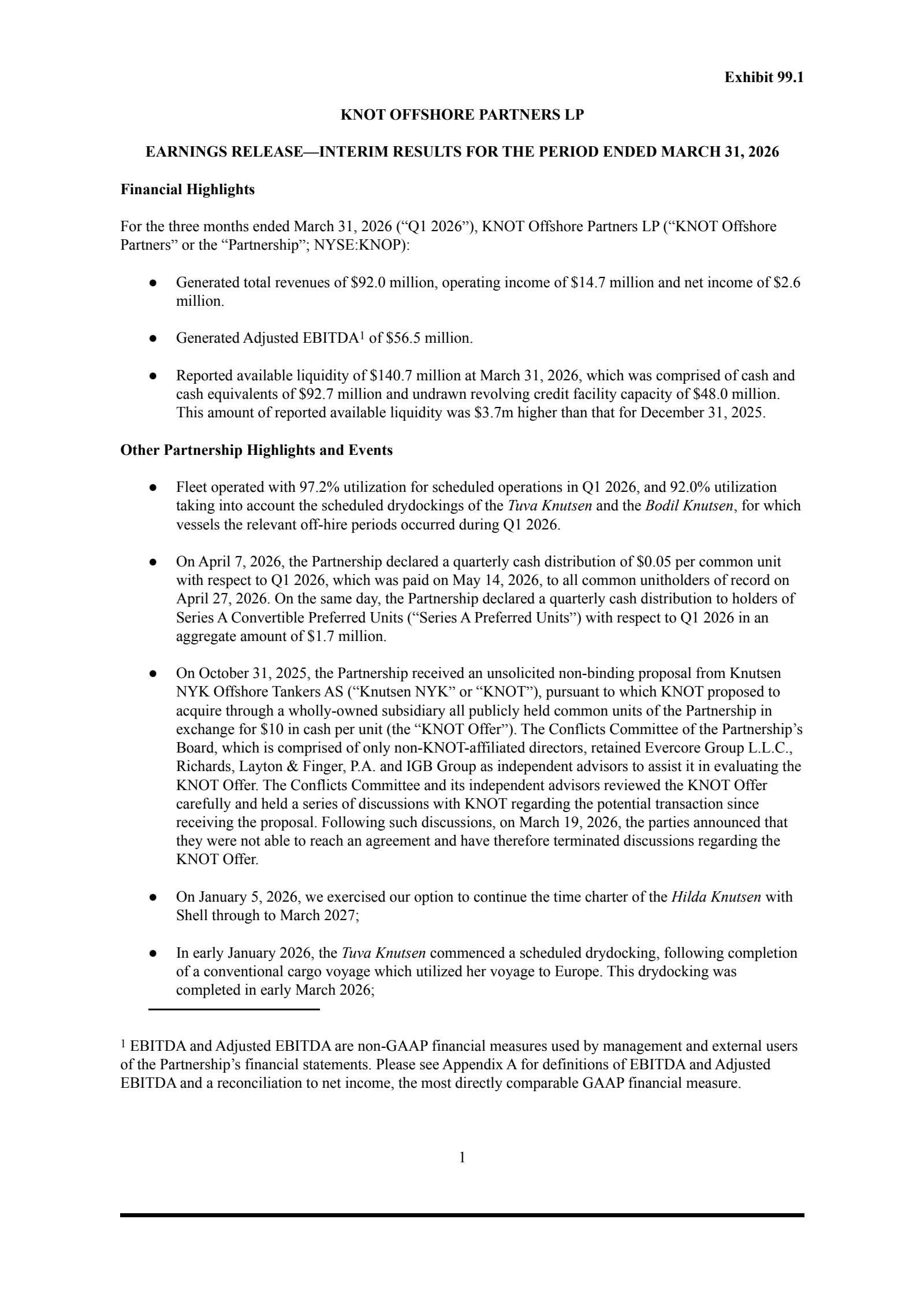 KNOT Offshore Partners' Q1 2026 Press Release