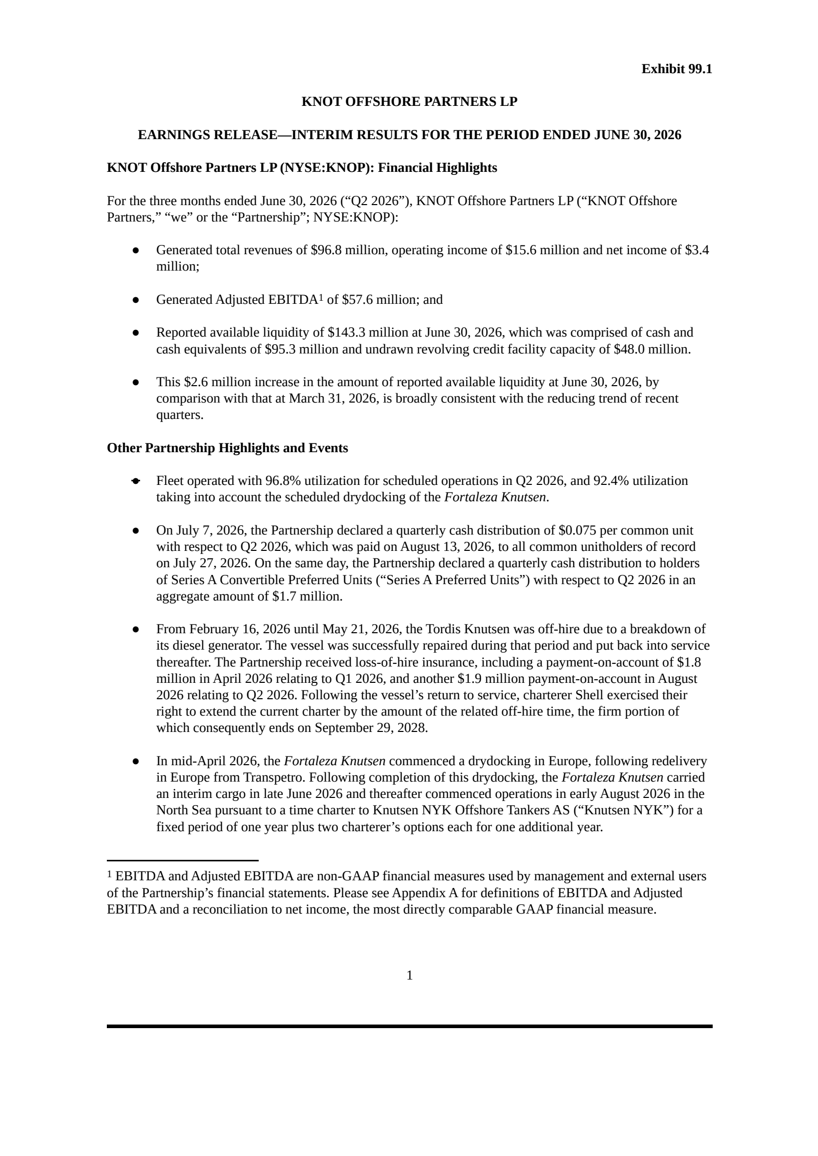 KNOT Offshore Partners' Q2 2026 Press Release