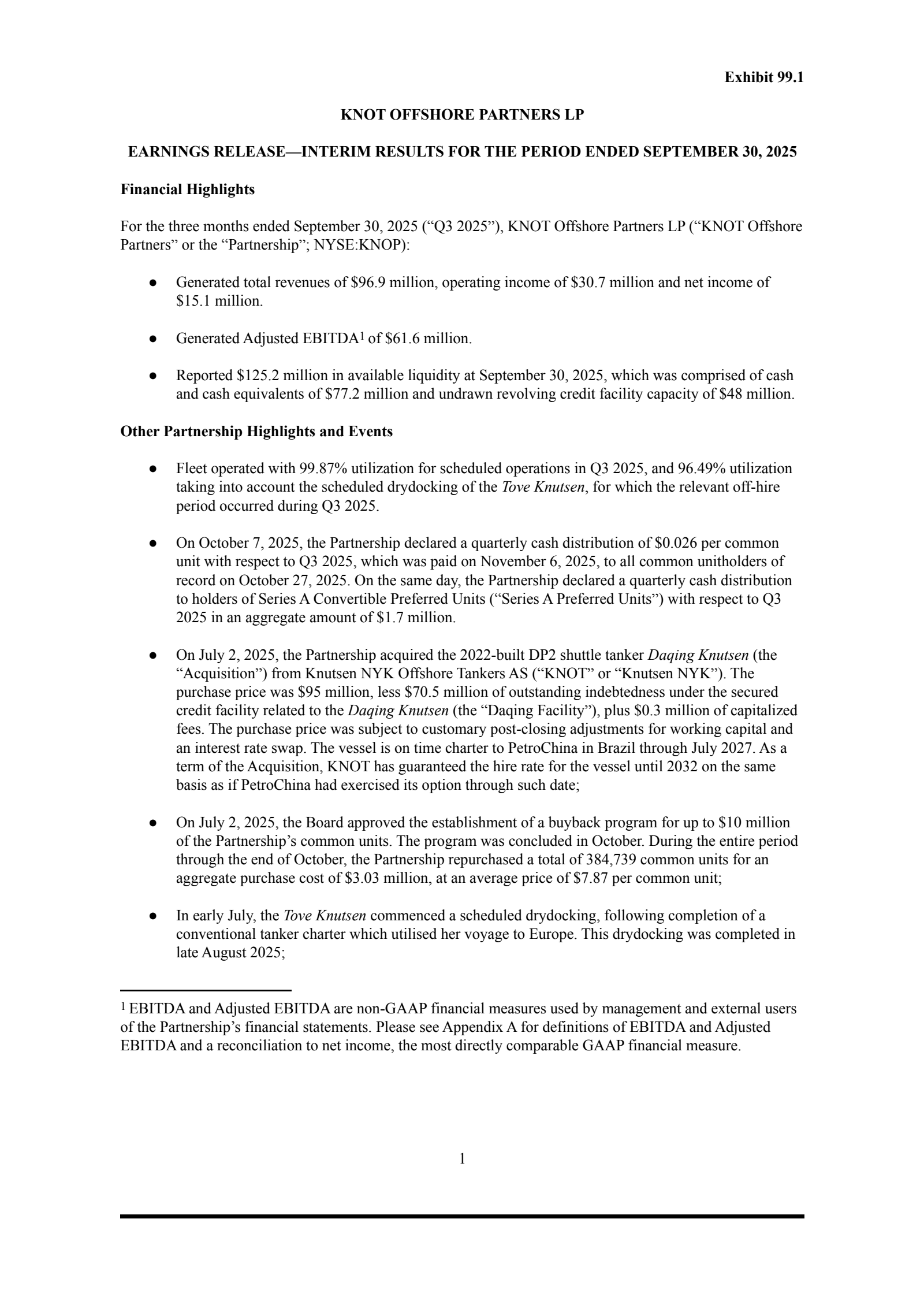 KNOT Offshore Partners' Q3 2025 Earnings Release
