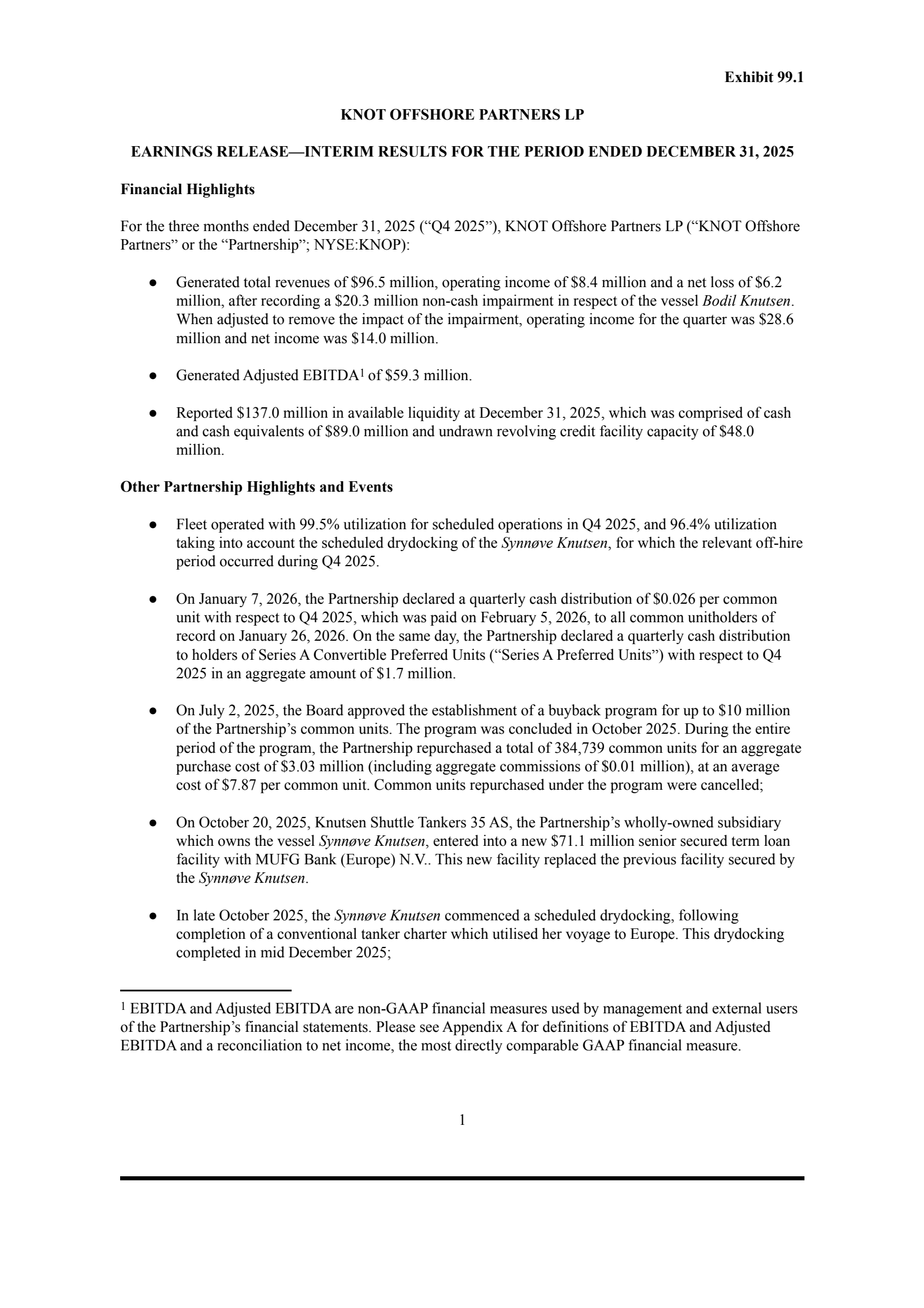 KNOT Offshore Partners' Q4 2025 Press Release