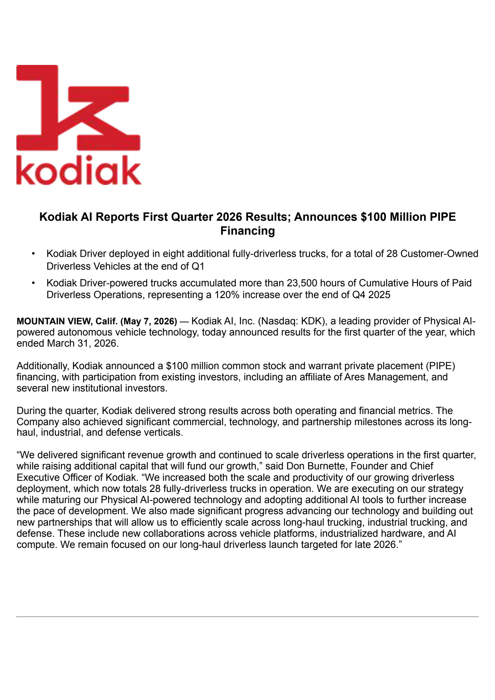 Kodiak AI's Q1 2026 Press Release