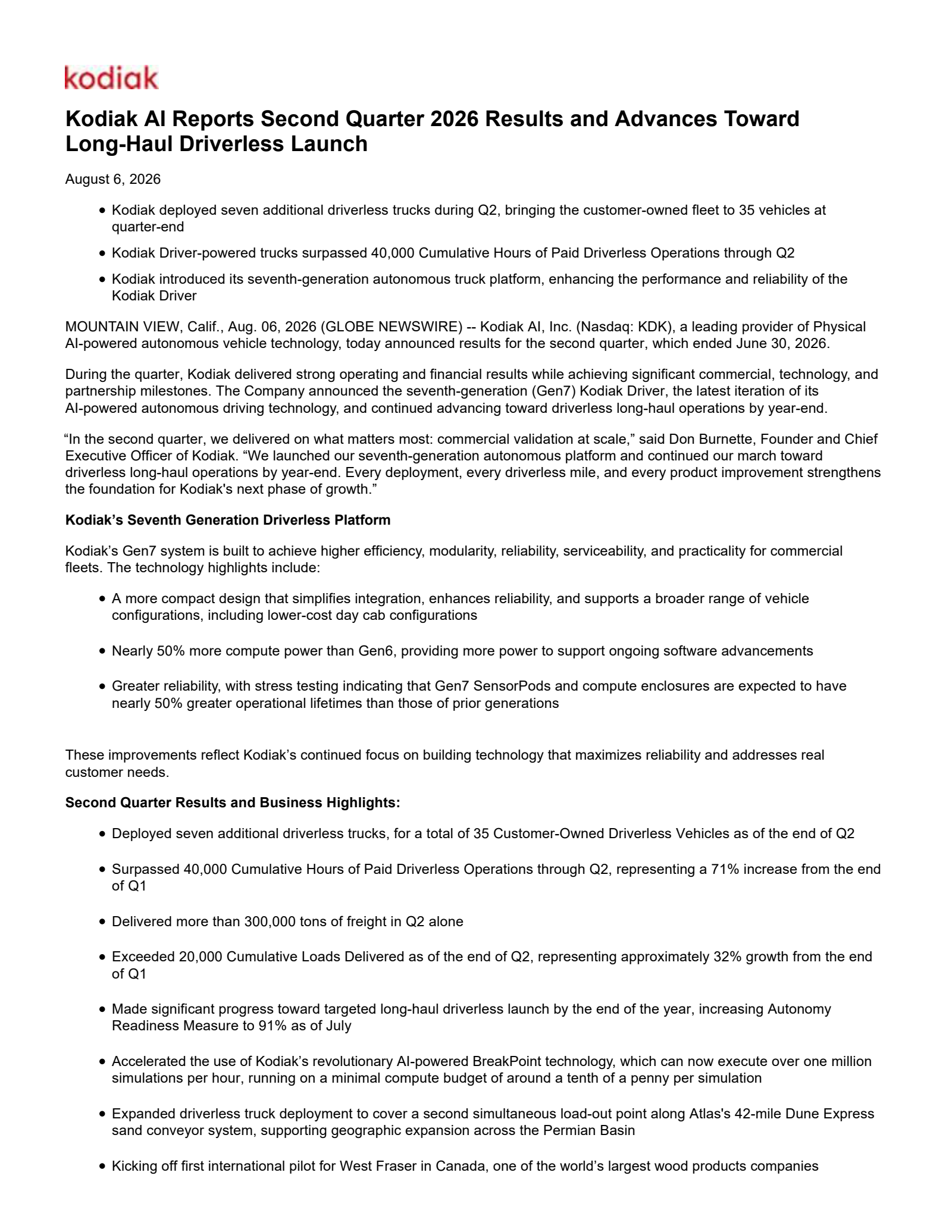 Kodiak AI's Q2 2026 Press Release