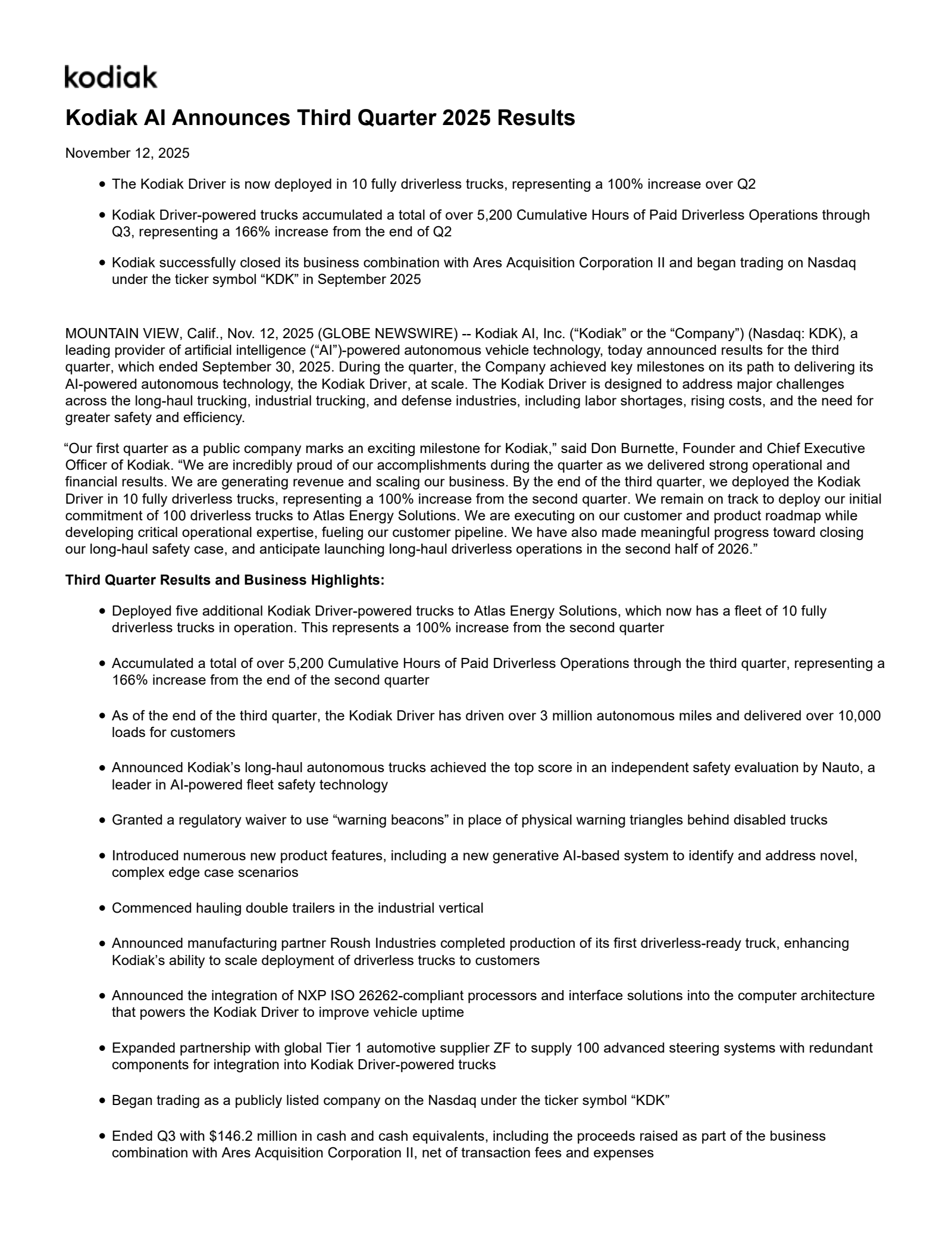 Kodiak AI's Q3 2025 Earnings Release