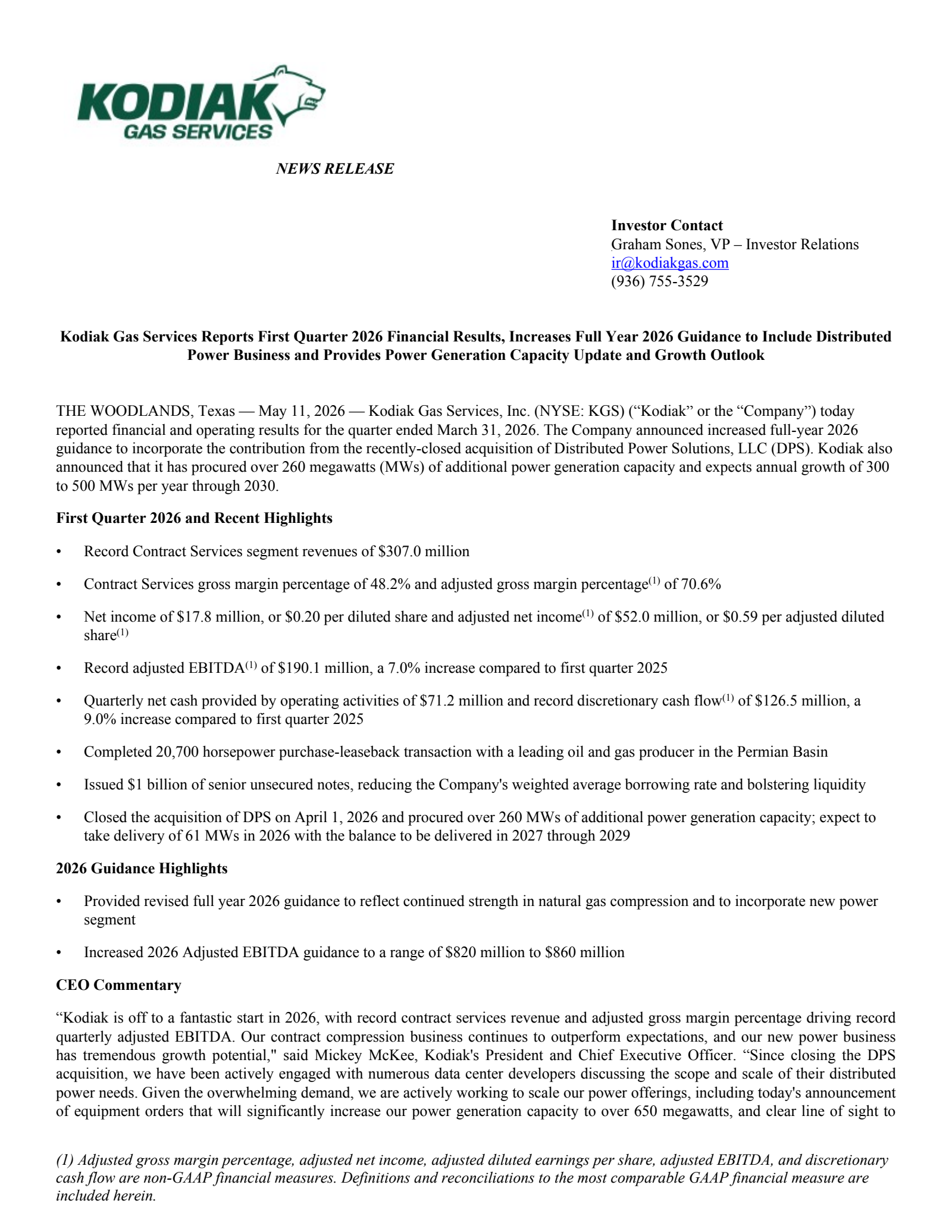 Kodiak Gas Services' Q1 2026 Press Release