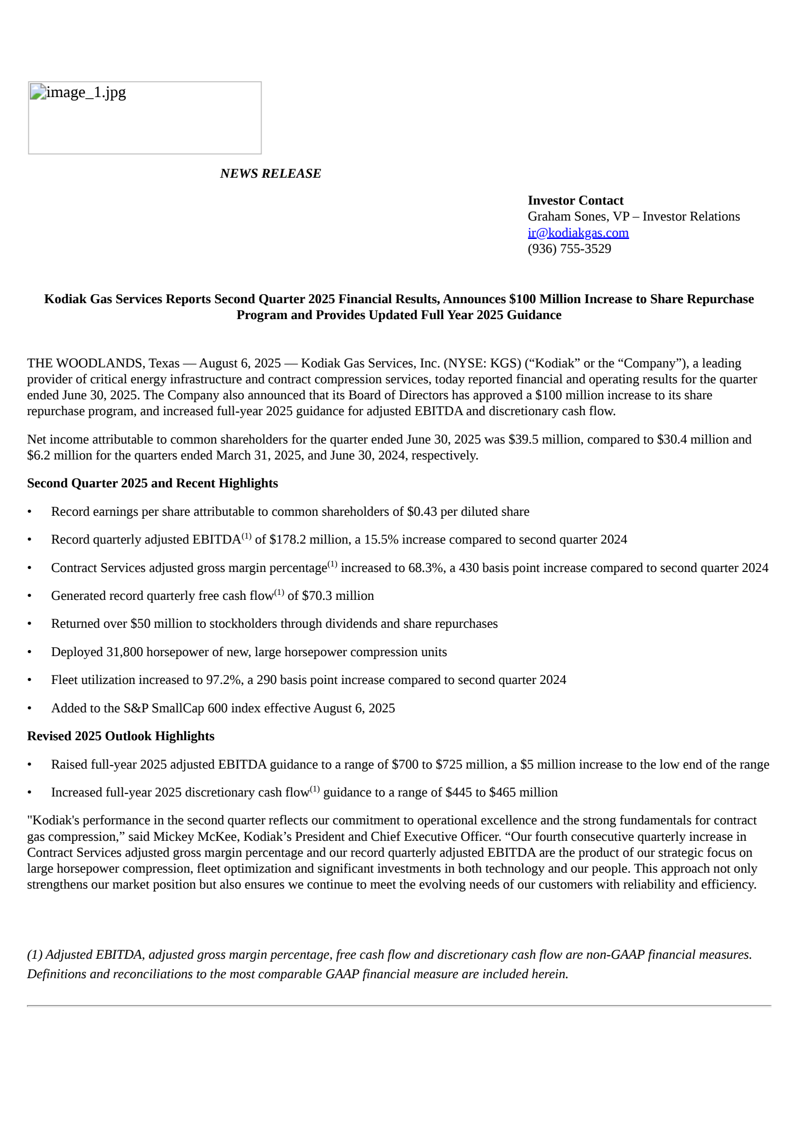 Kodiak Gas Services' Q2 2025 Press Release