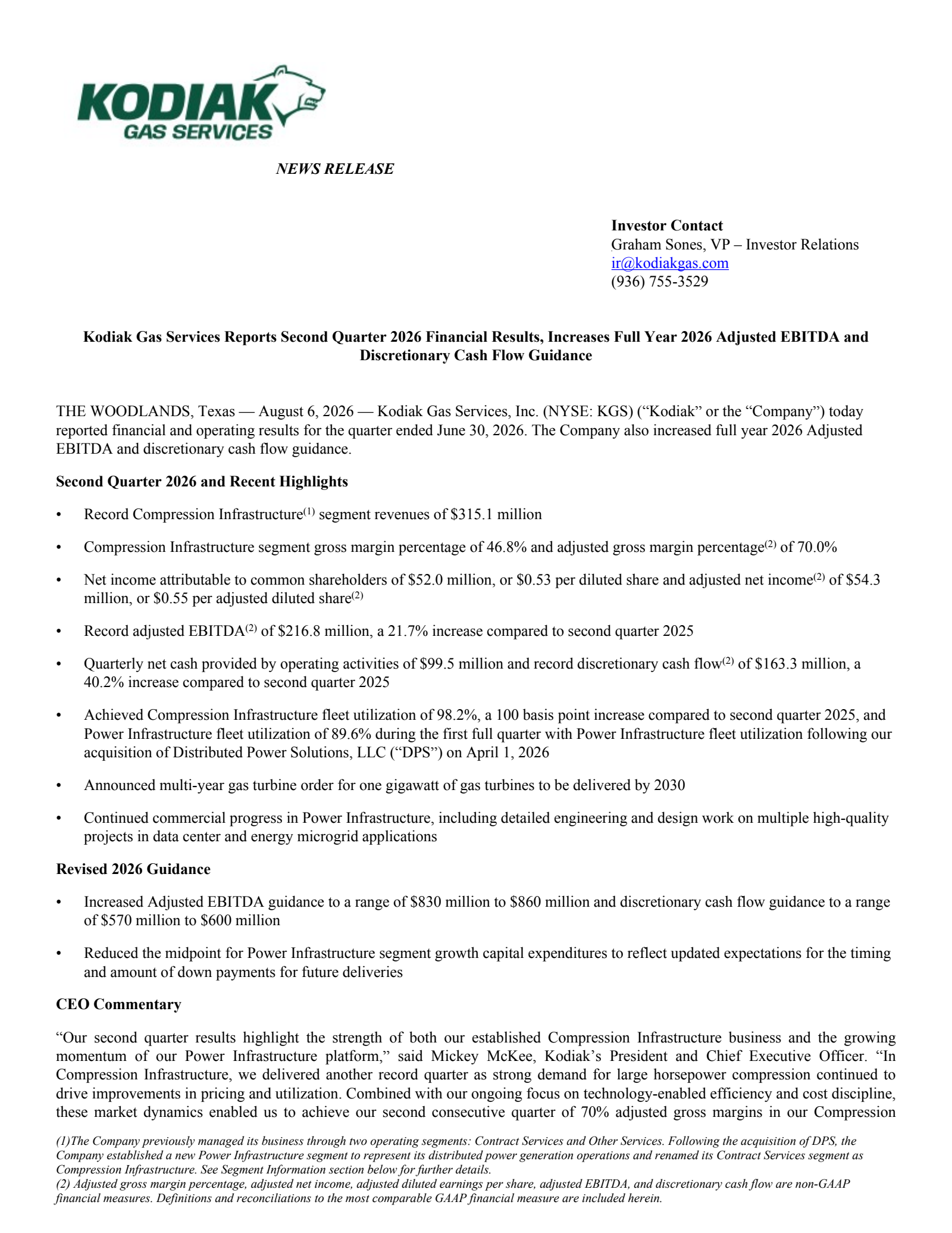 Kodiak Gas Services' Q2 2026 Press Release