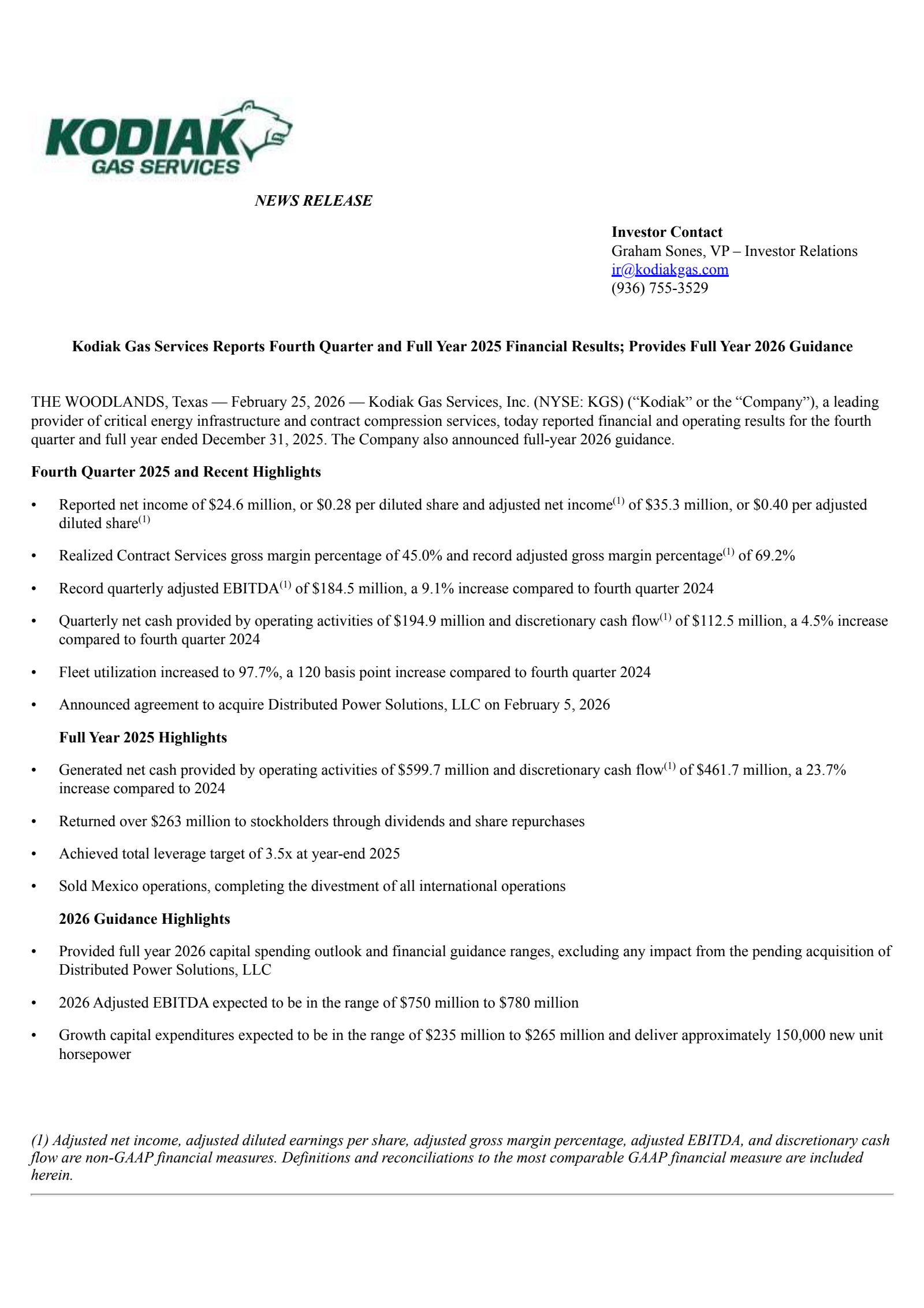 Kodiak Gas Services' Q4 2025 Press Release