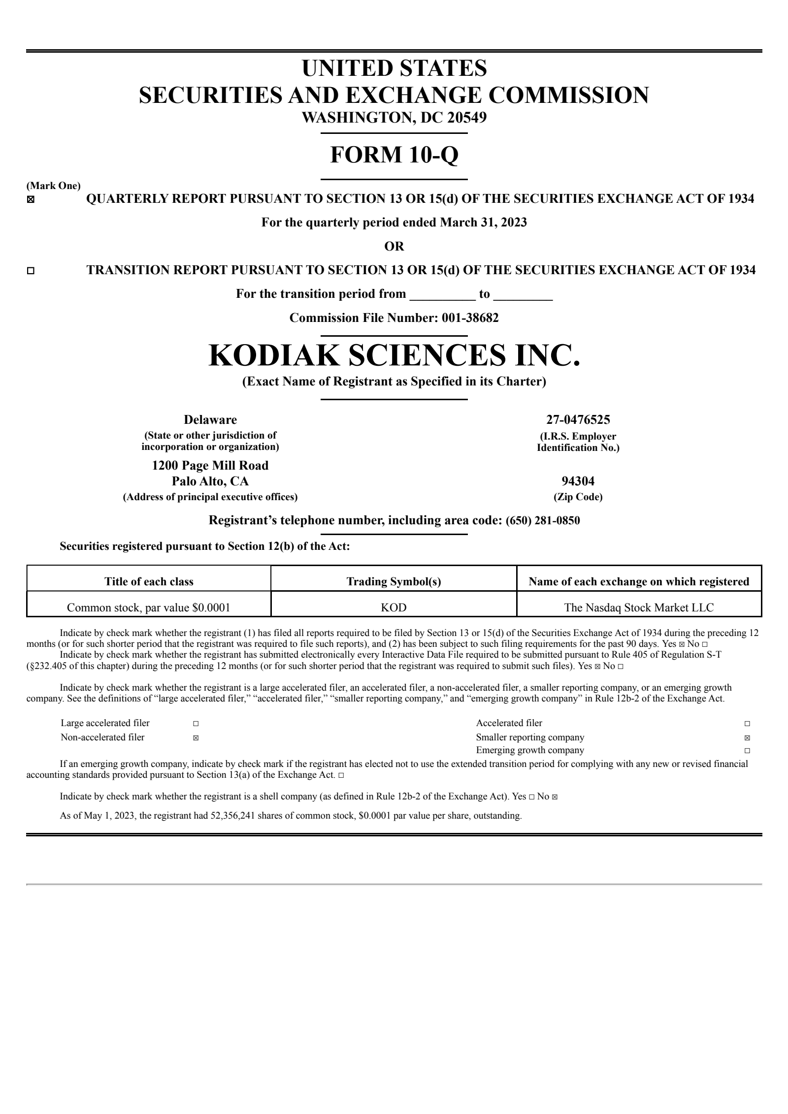 Kodiak Sciences' Q1 2023 Quarterly report