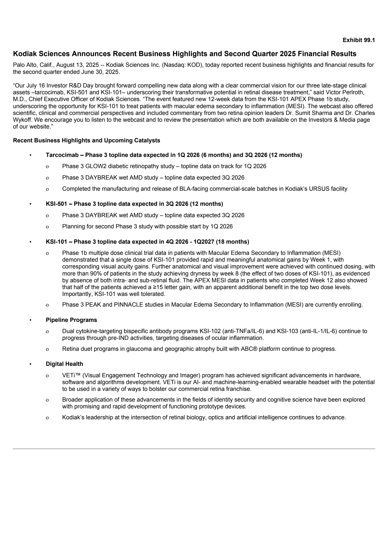 Kodiak Sciences' Q2 2025 Press Release