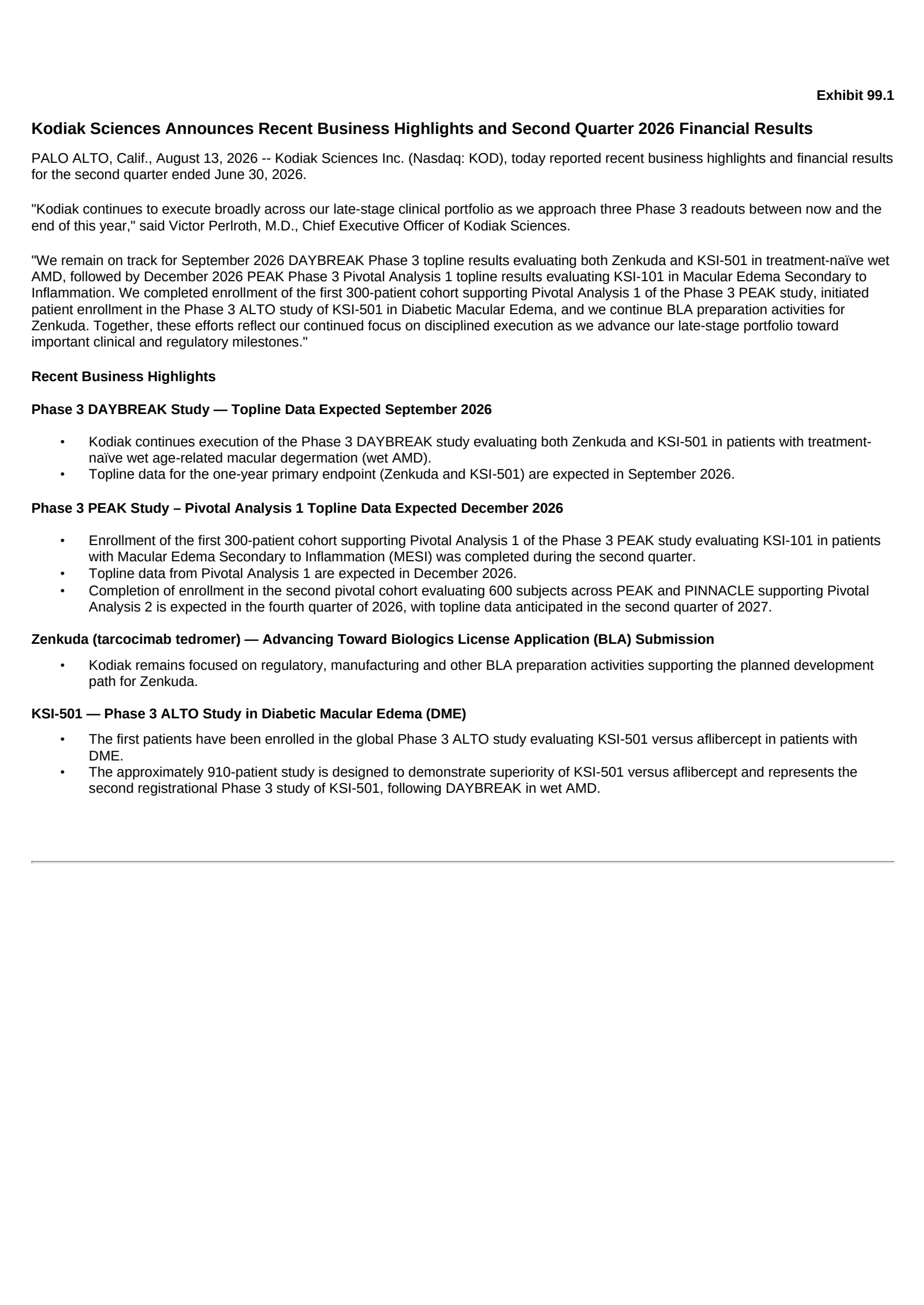 Kodiak Sciences' Q2 2026 Press Release