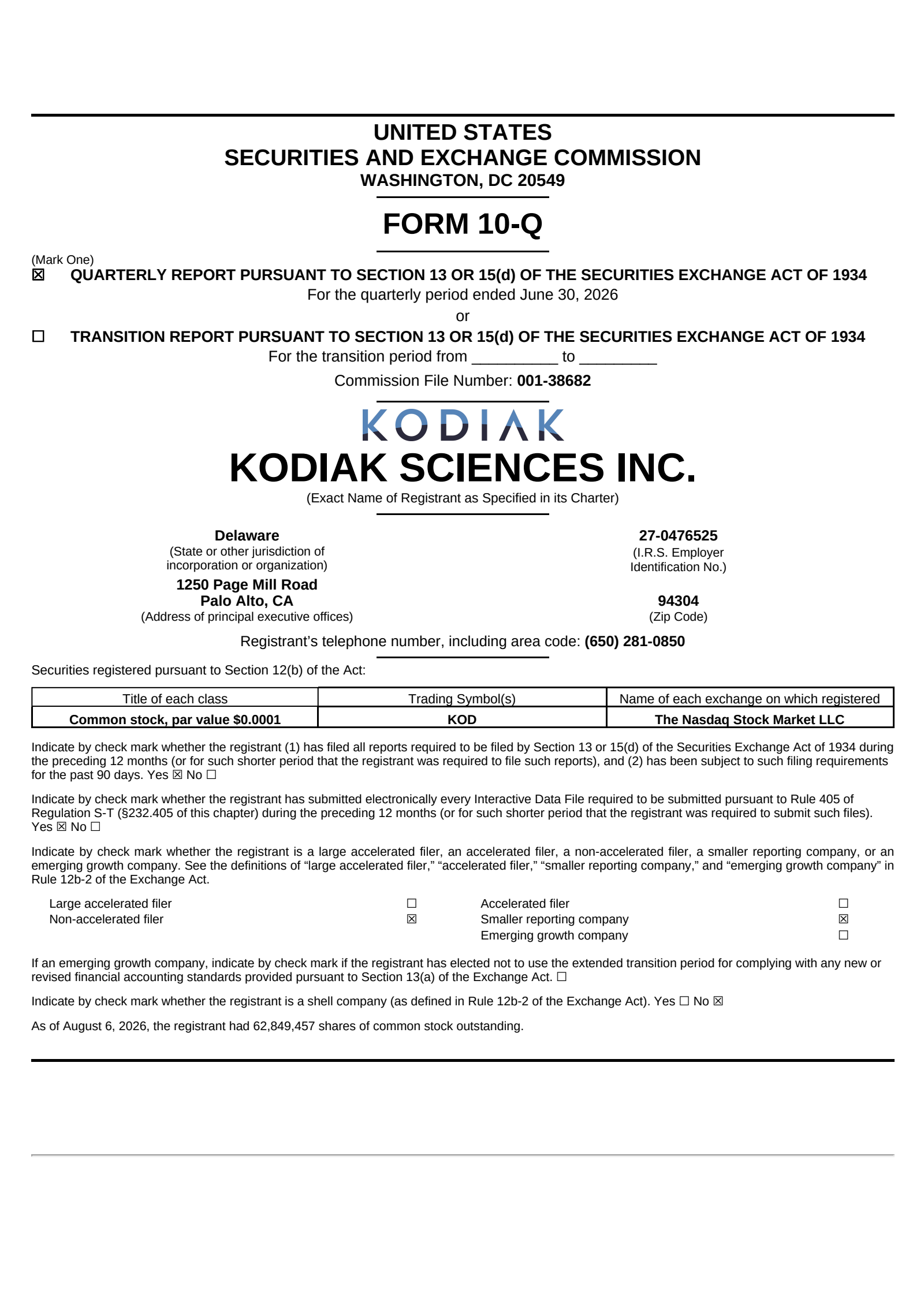 Kodiak Sciences' Q2 2026 Quarterly report