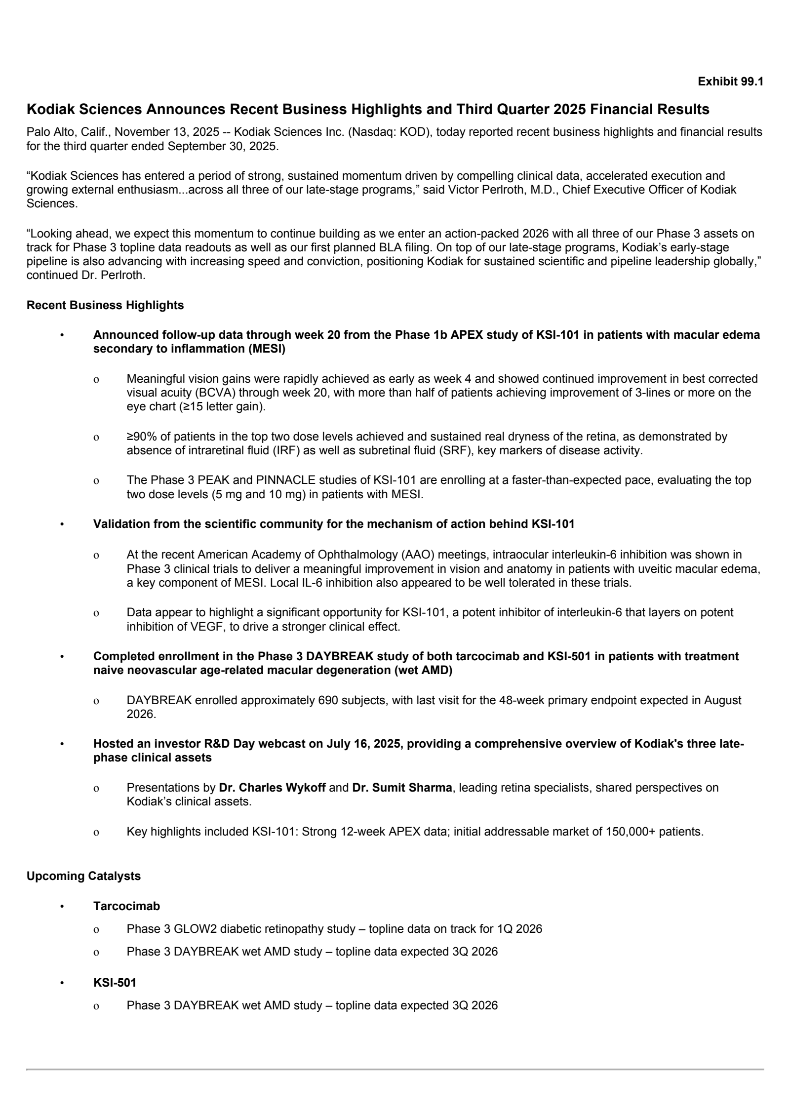 Kodiak Sciences' Q3 2025 Earnings Release