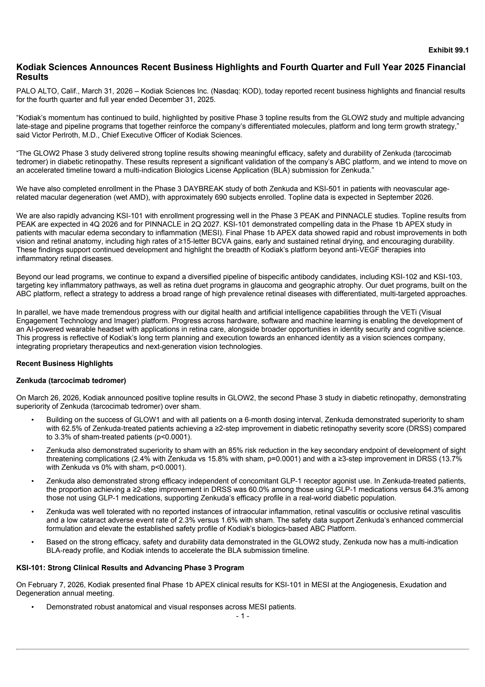Kodiak Sciences' Q4 2025 Press Release