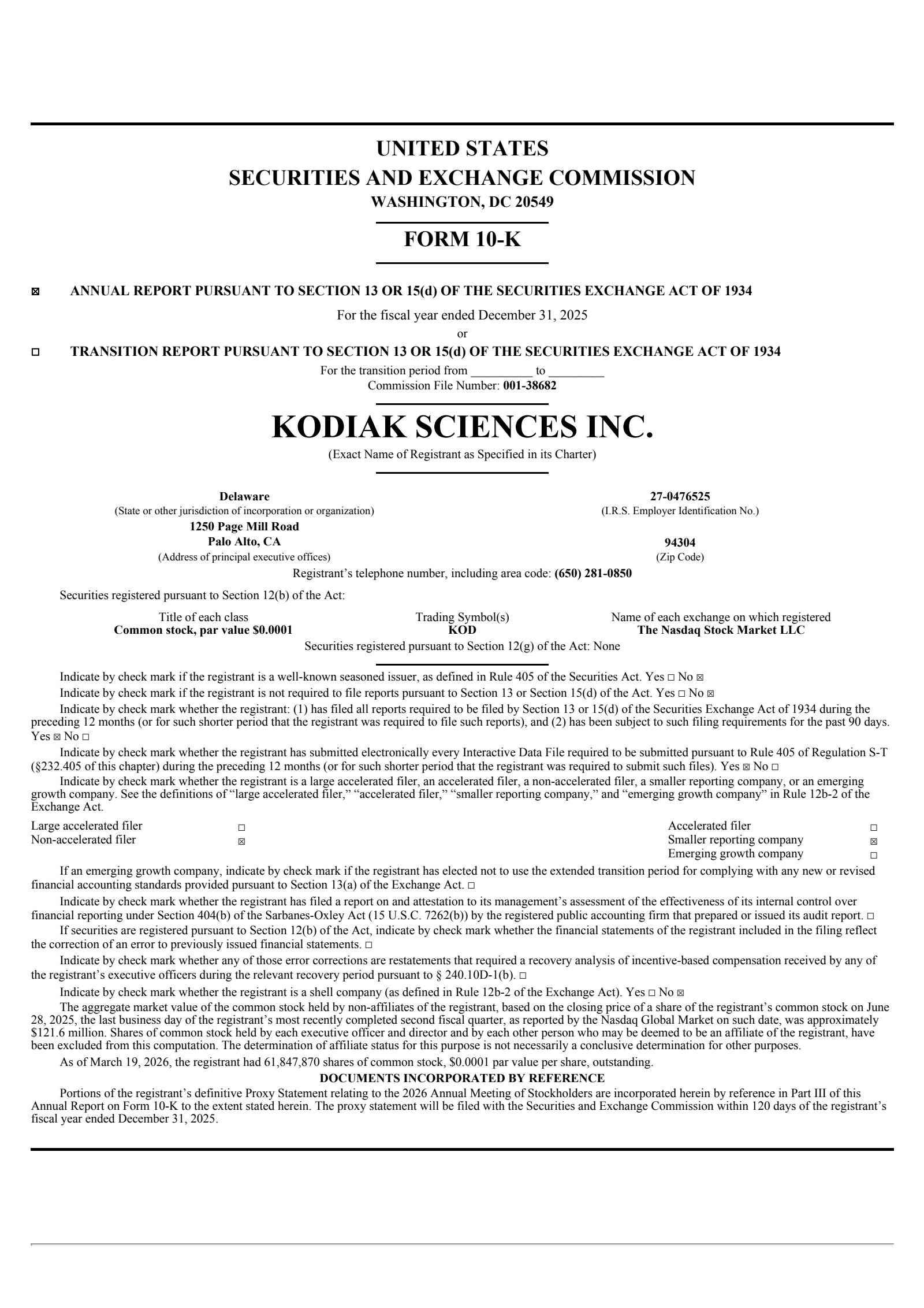 Kodiak Sciences' Q4 2025 Annual report