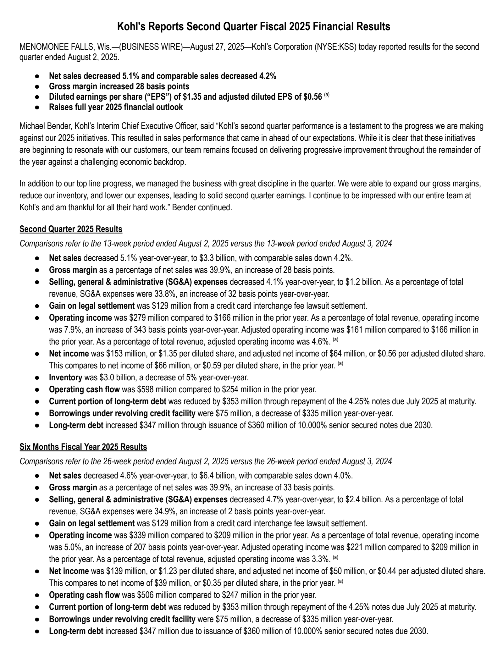 Kohl's' Q2 2026 Press Release