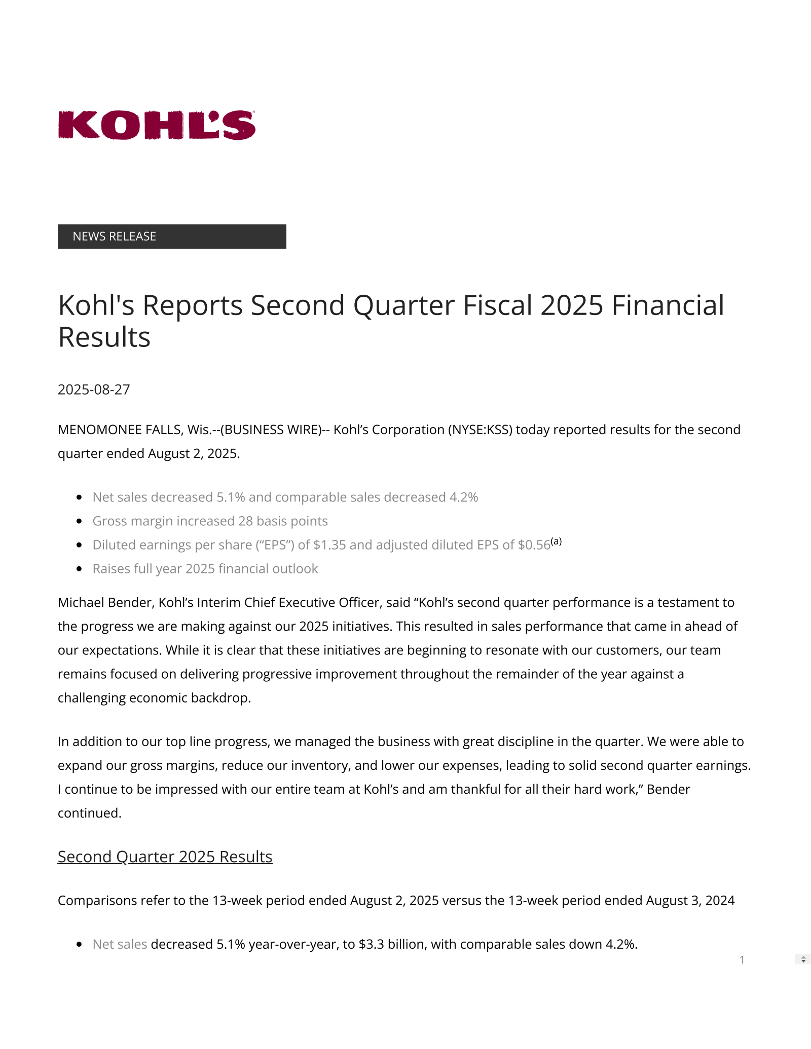 Kohl's' Q2 2026 Press Release