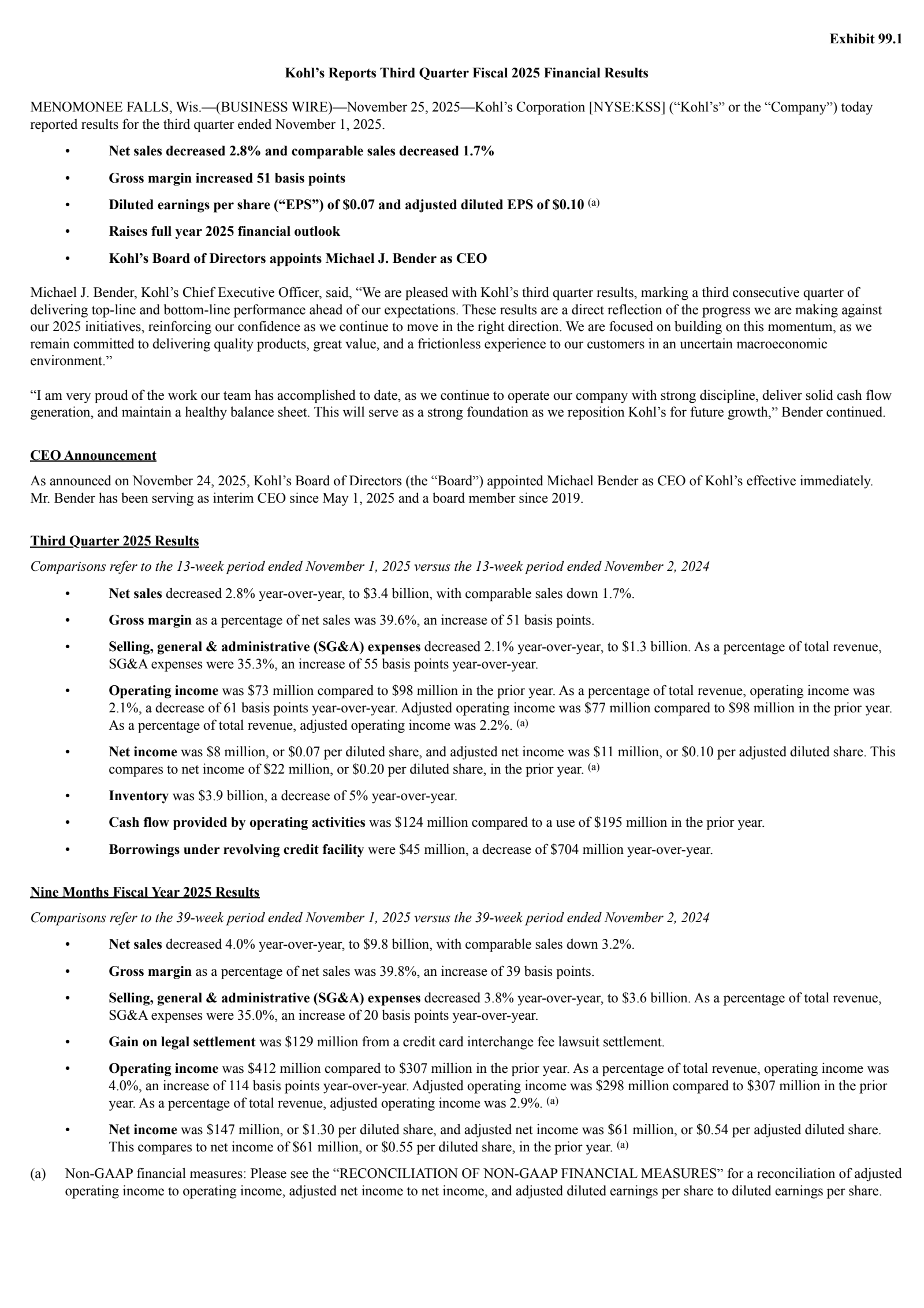 Kohl's' Q3 2026 Earnings Release