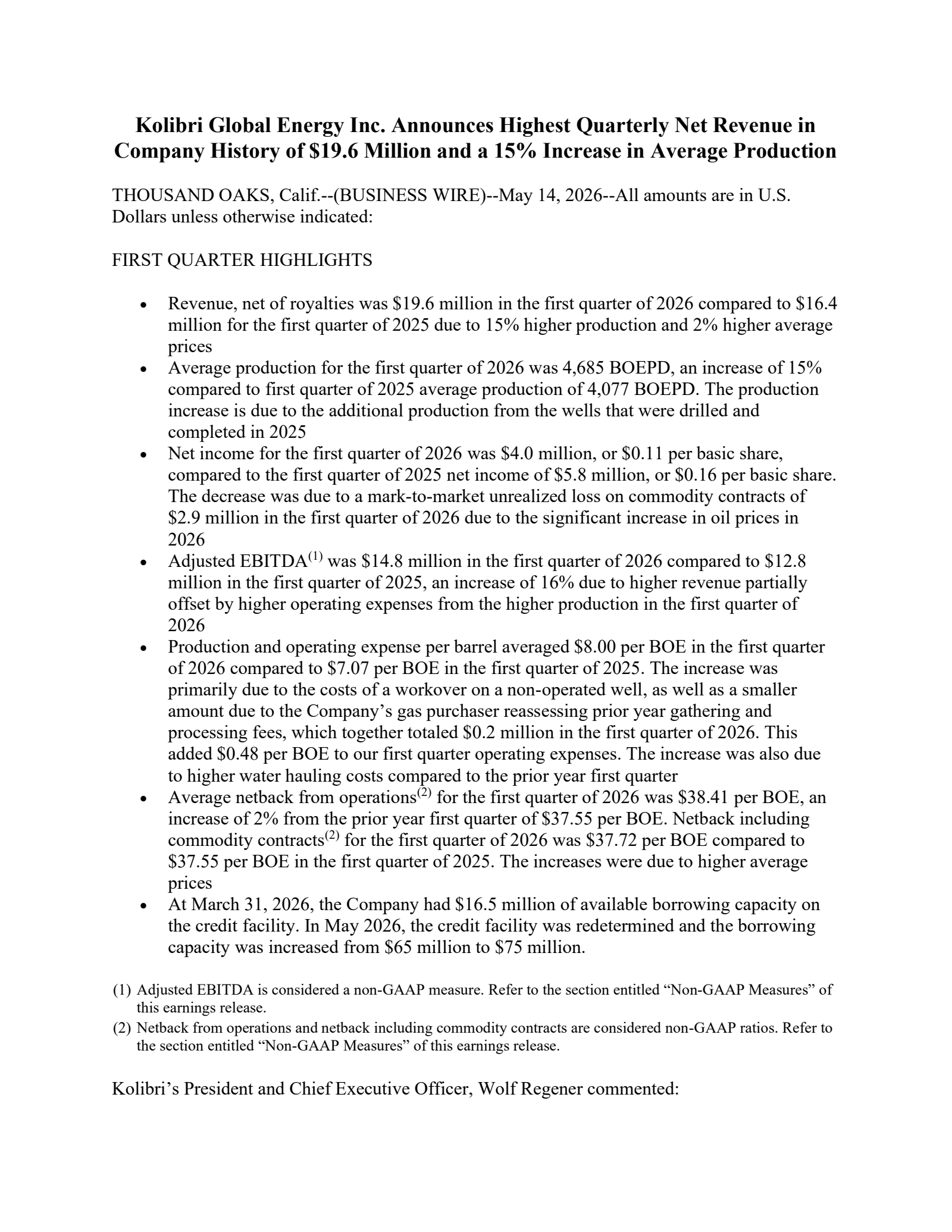 Kolibri Global Energy's Q1 2026 Press Release
