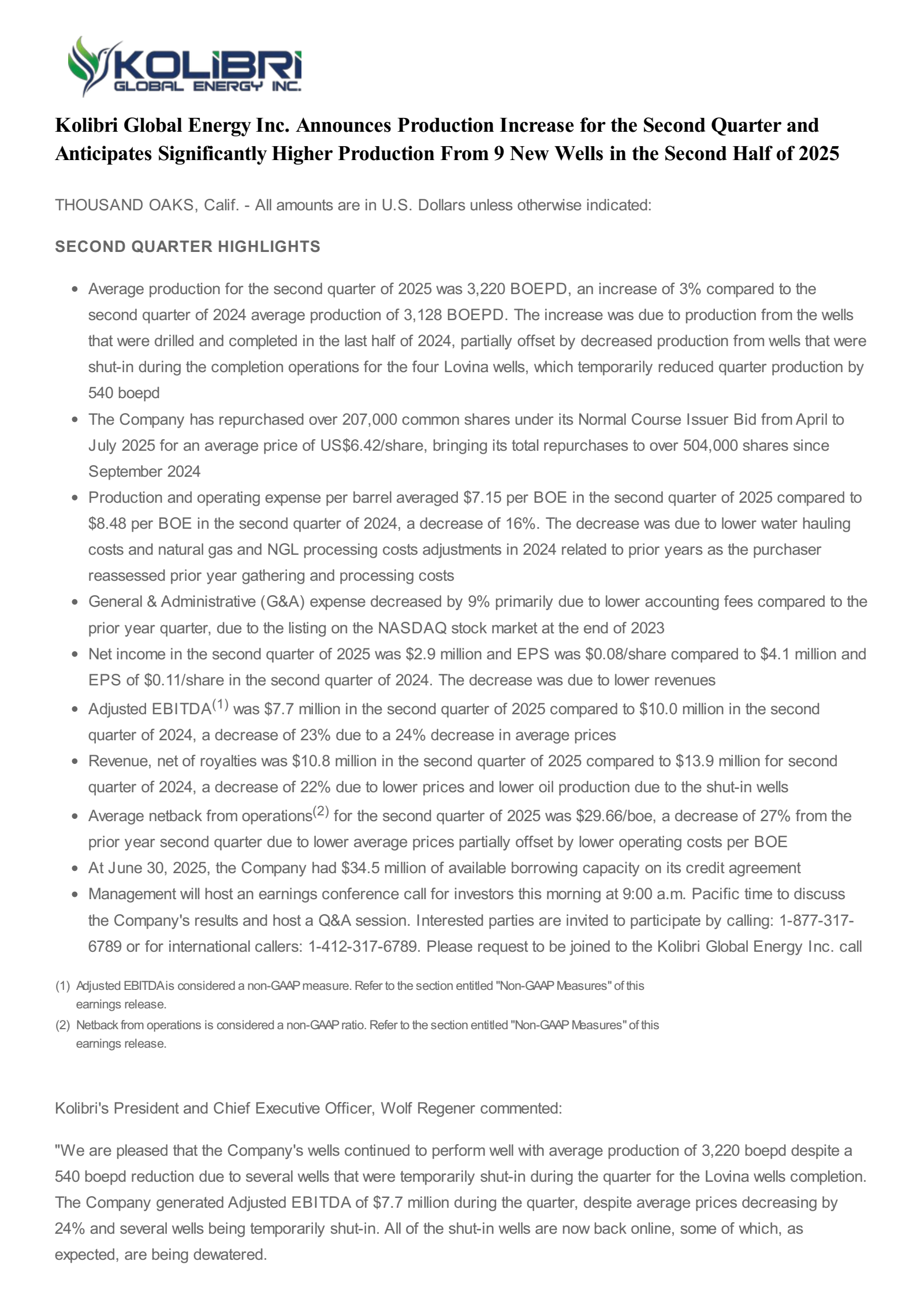 Kolibri Global Energy's Q2 2025 Press Release