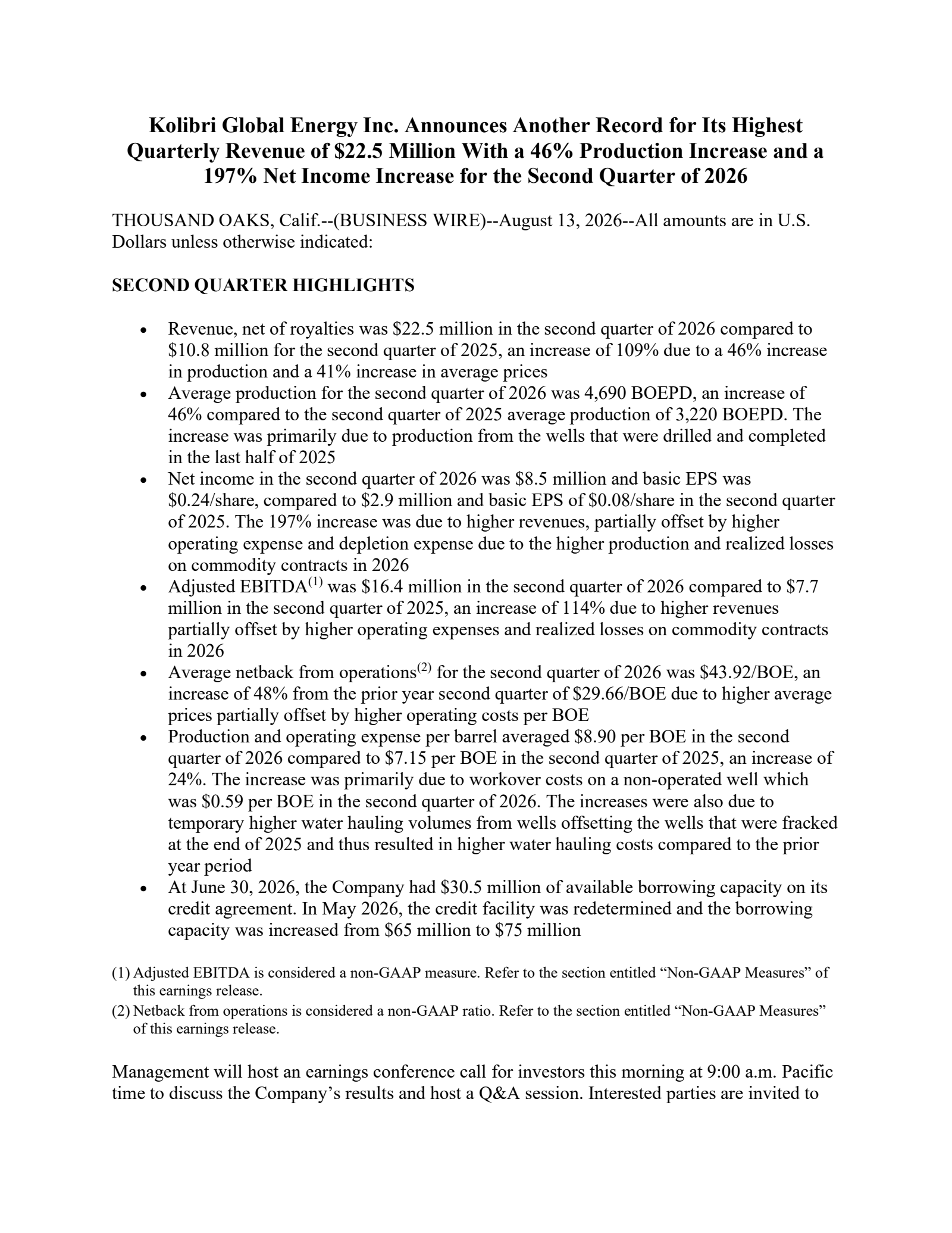 Kolibri Global Energy's Q2 2026 Press Release