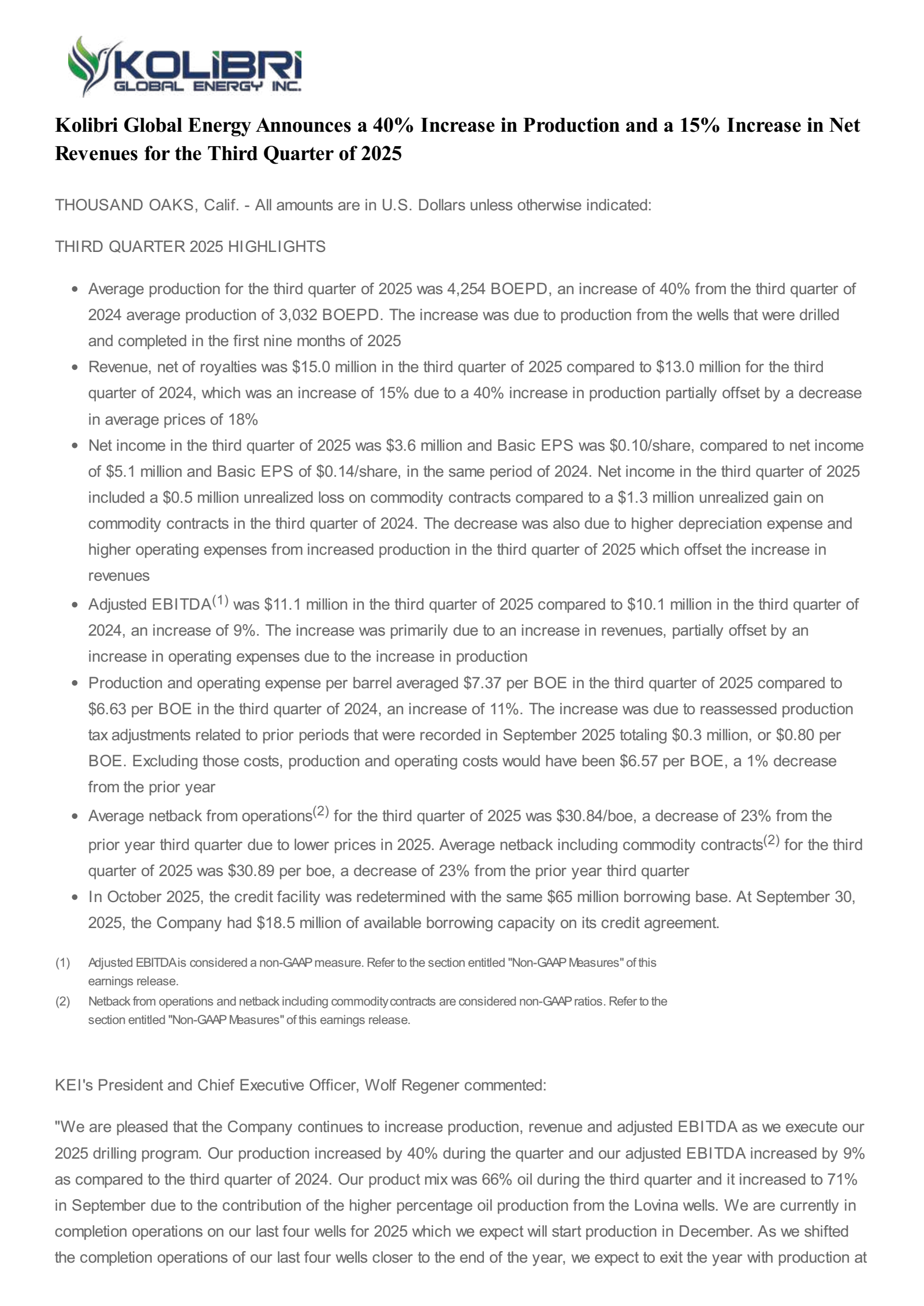 Kolibri Global Energy's Q3 2025 Earnings Release