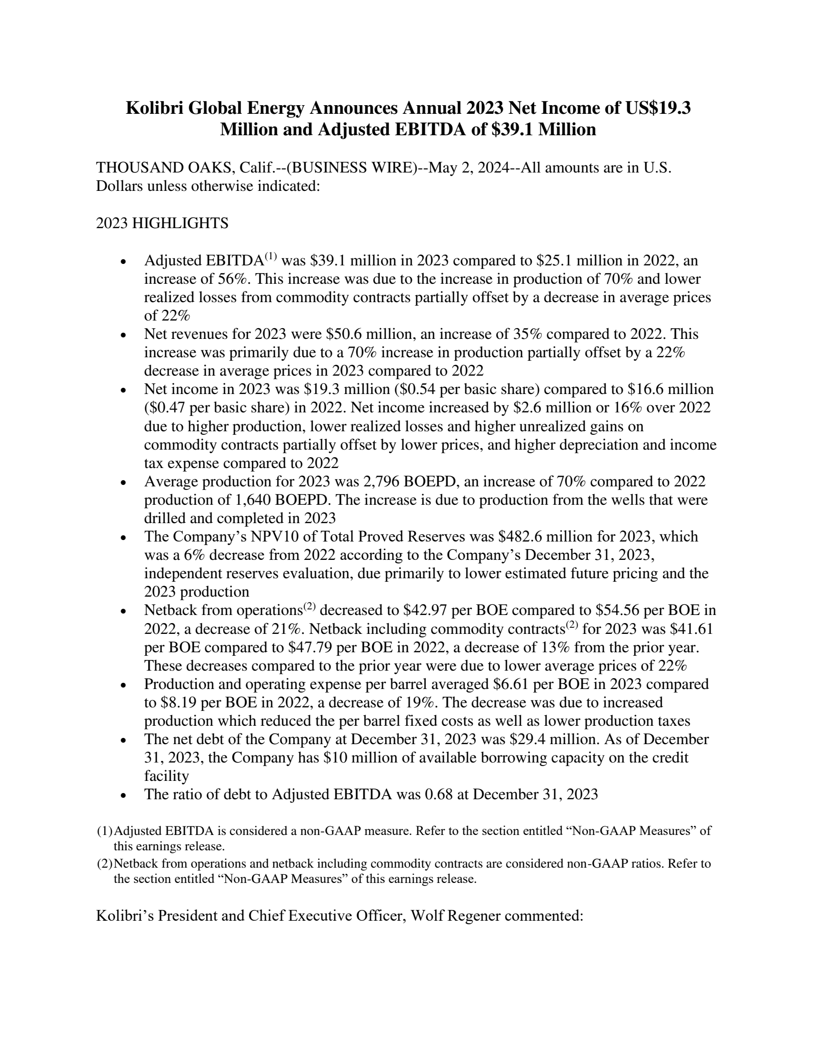 Kolibri Global Energy's Q4 2023 Press Release