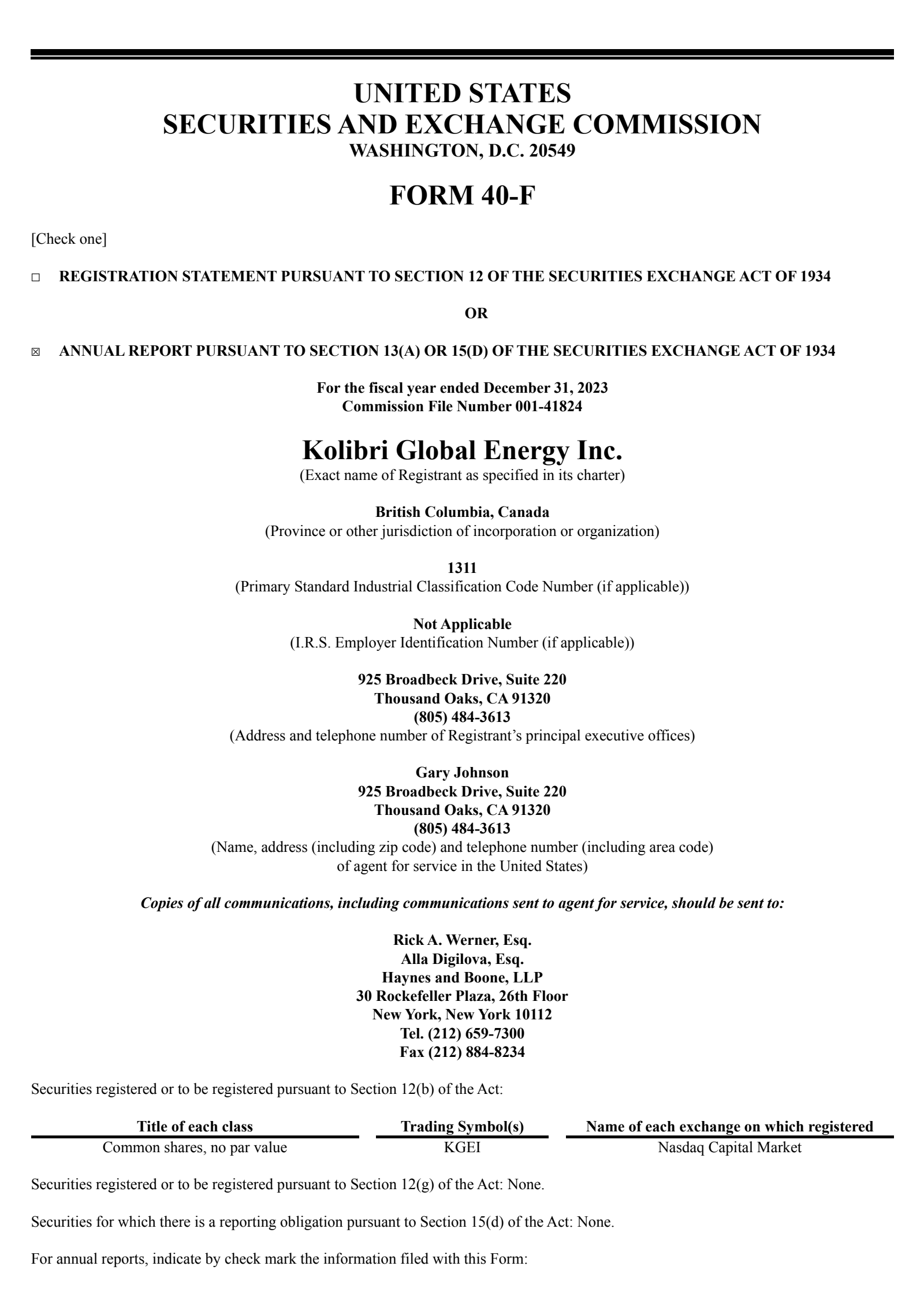 Kolibri Global Energy's Q4 2023 Annual report