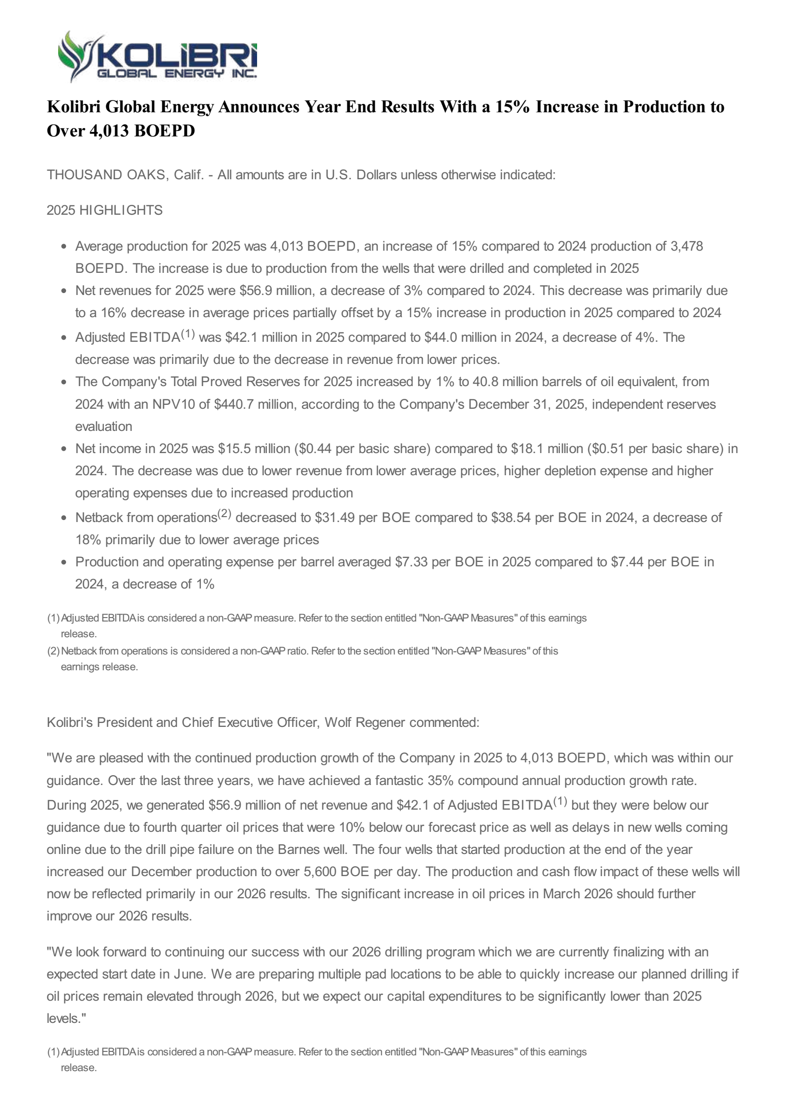 Kolibri Global Energy's Q4 2025 Press Release