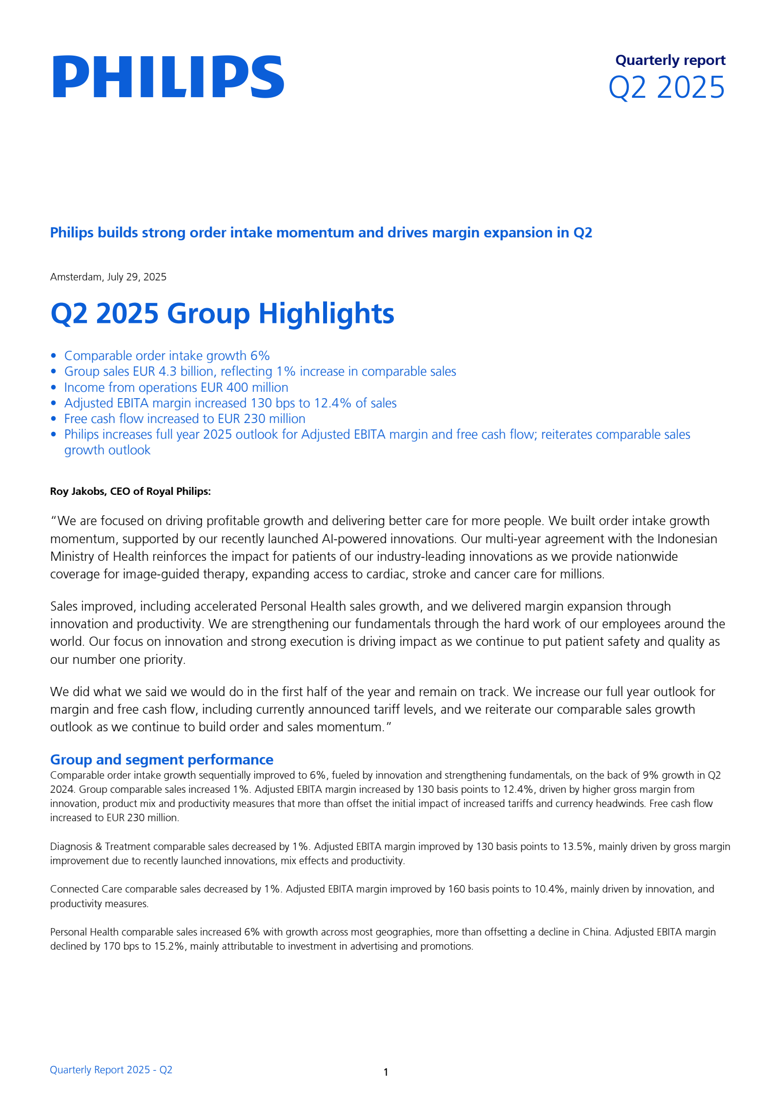 PHG Q2 2025 Earnings Report on 7/29/2025