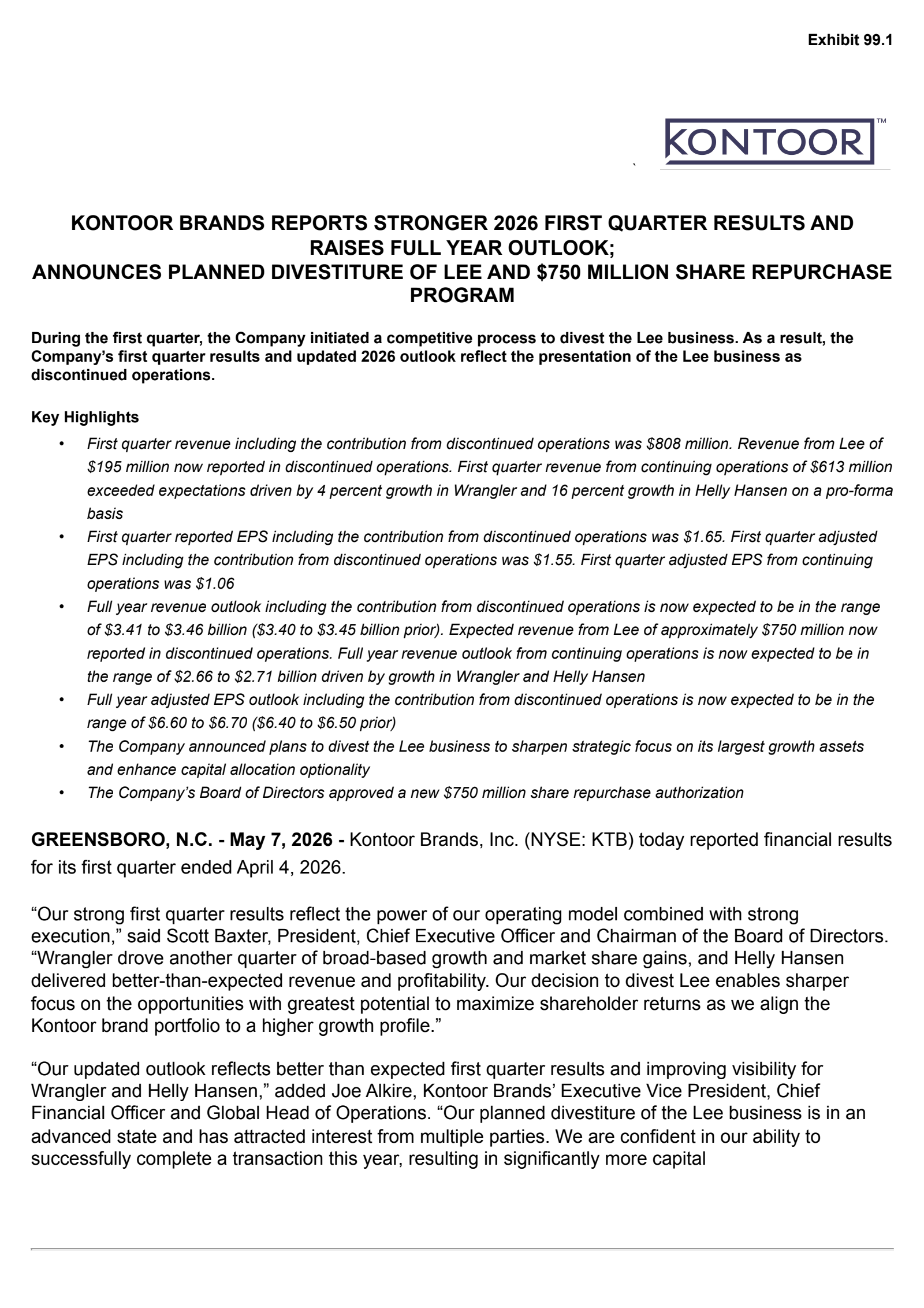Kontoor Brands' Q1 2026 Press Release