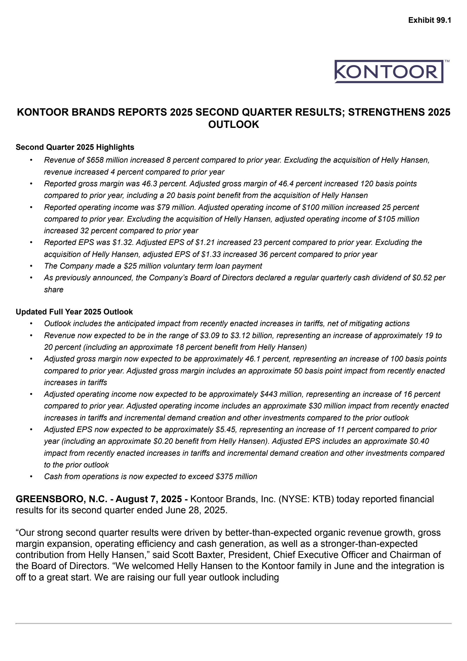 Kontoor Brands' Q2 2025 Press Release