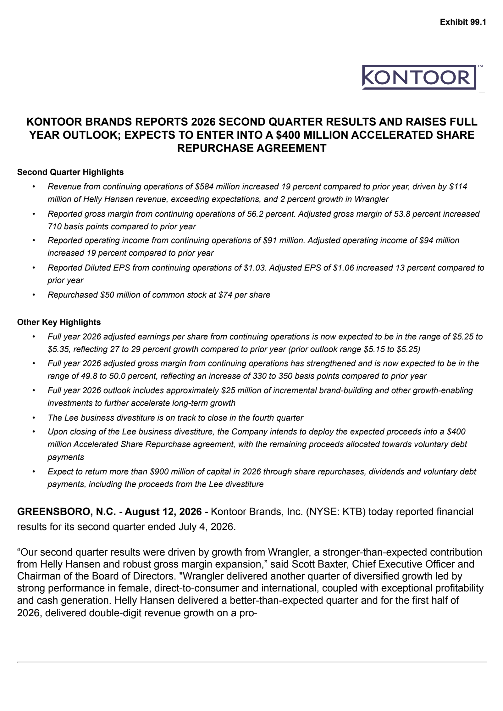Kontoor Brands' Q2 2026 Press Release