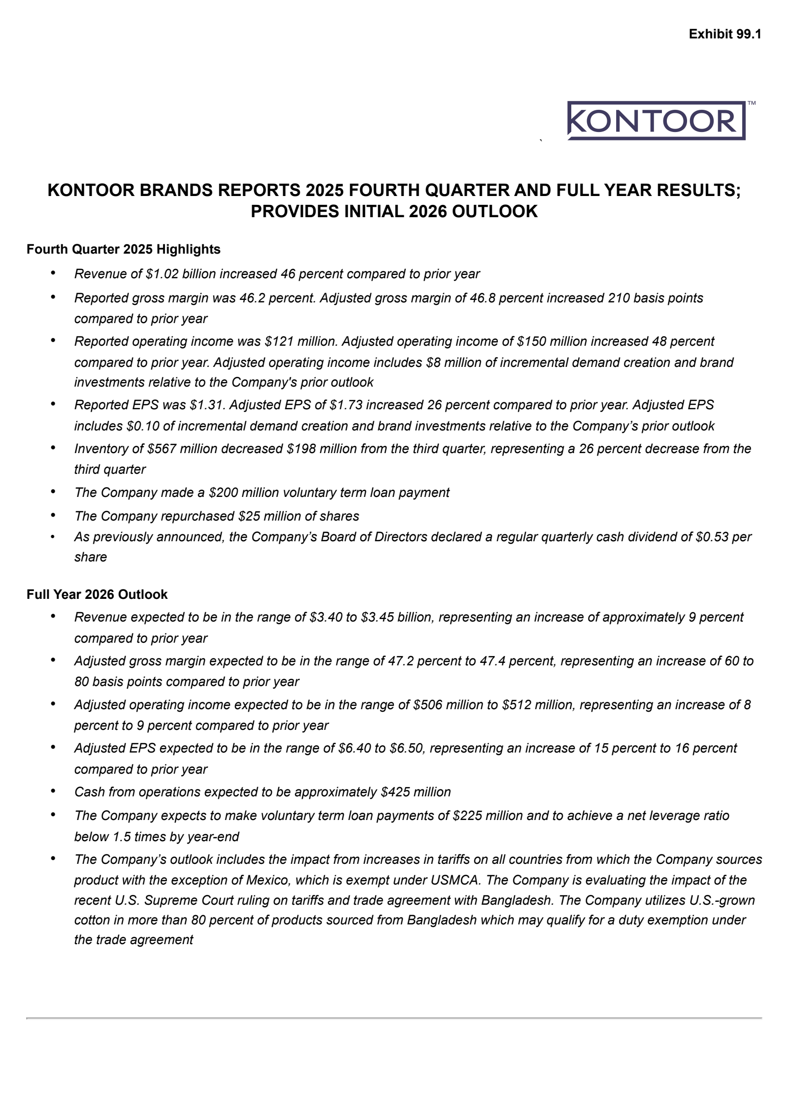 Kontoor Brands' Q4 2025 Press Release