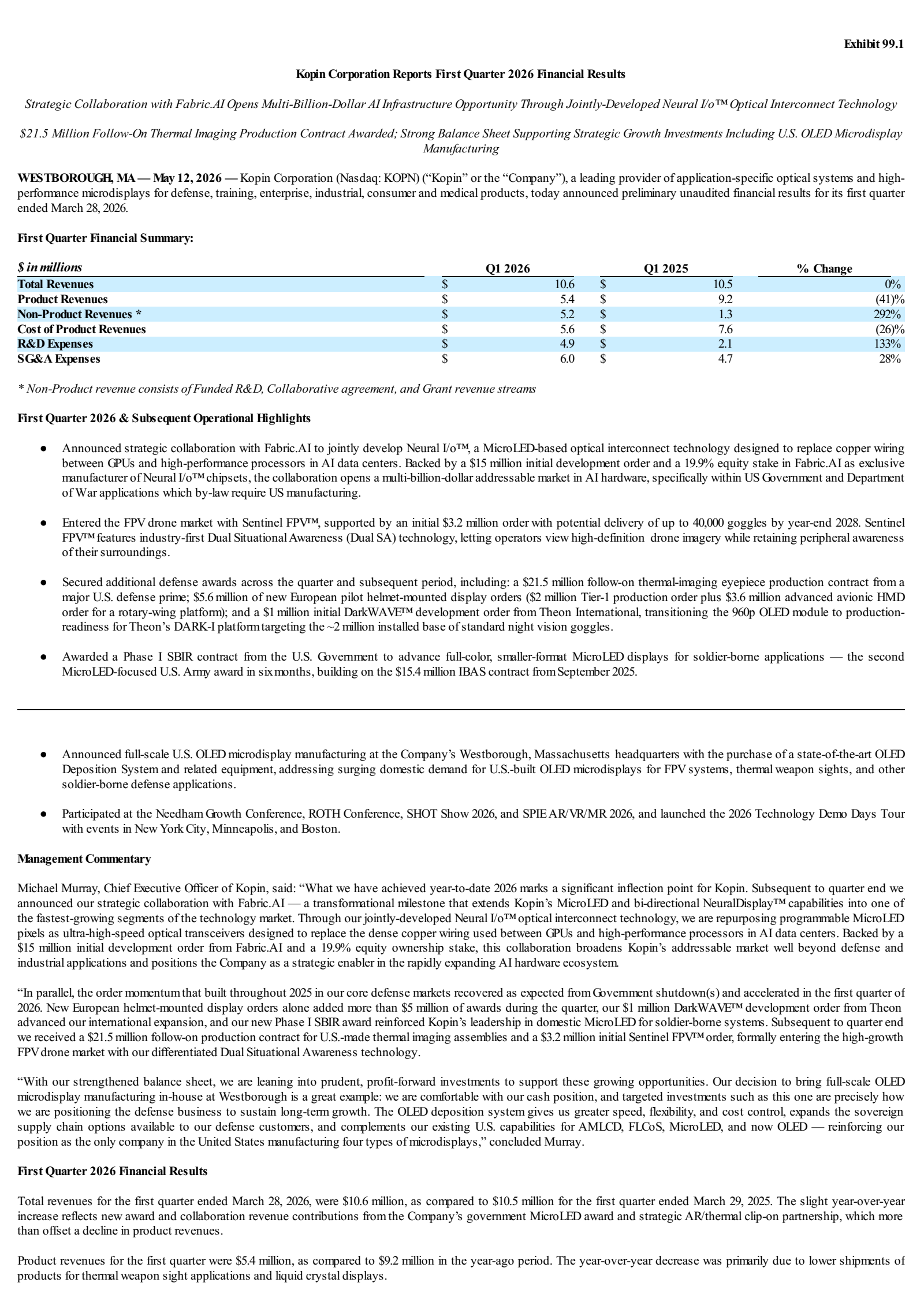 Kopin's Q1 2026 Press Release