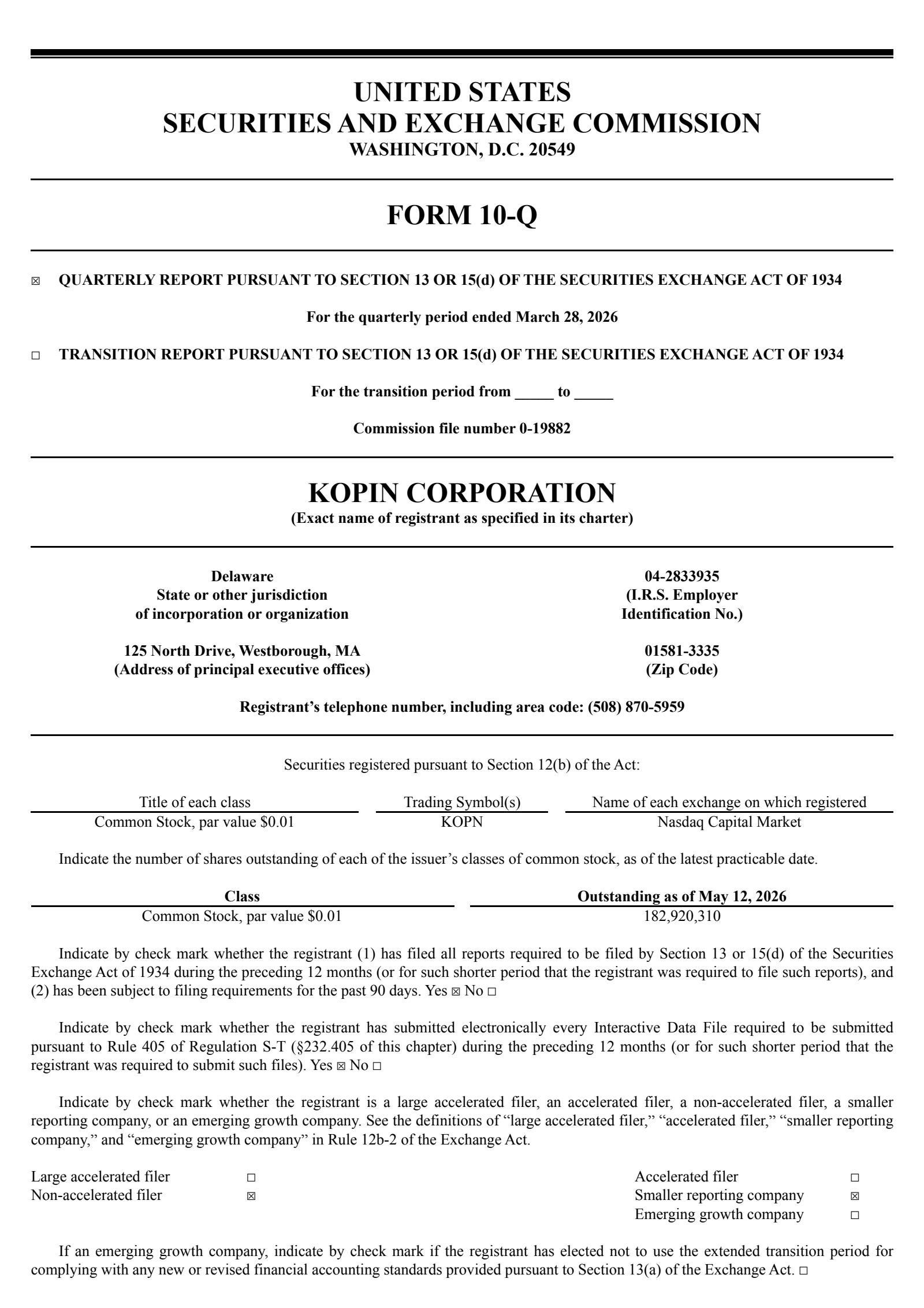 Kopin's Q1 2026 Quarterly report