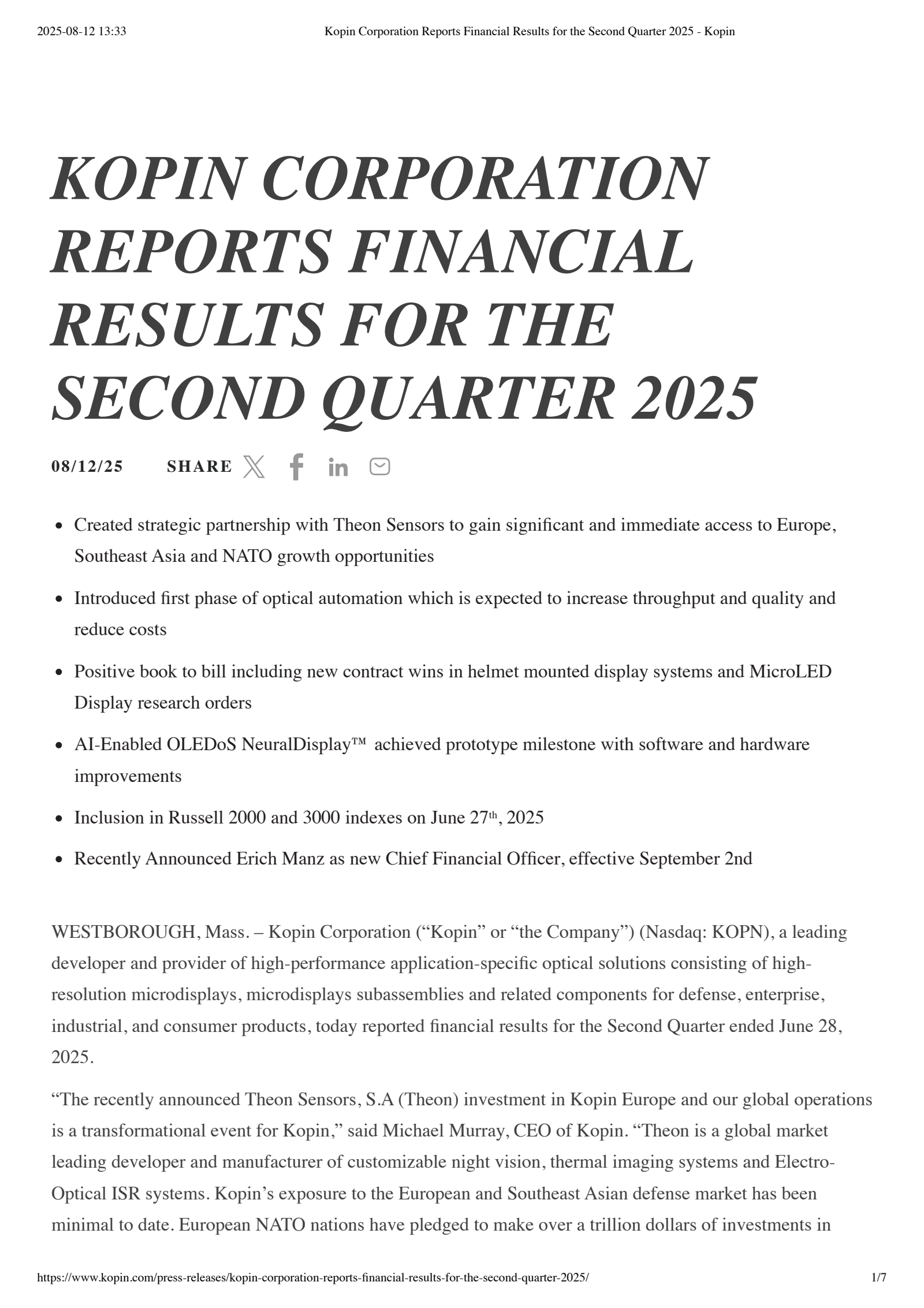 Kopin's Q2 2025 Press Release