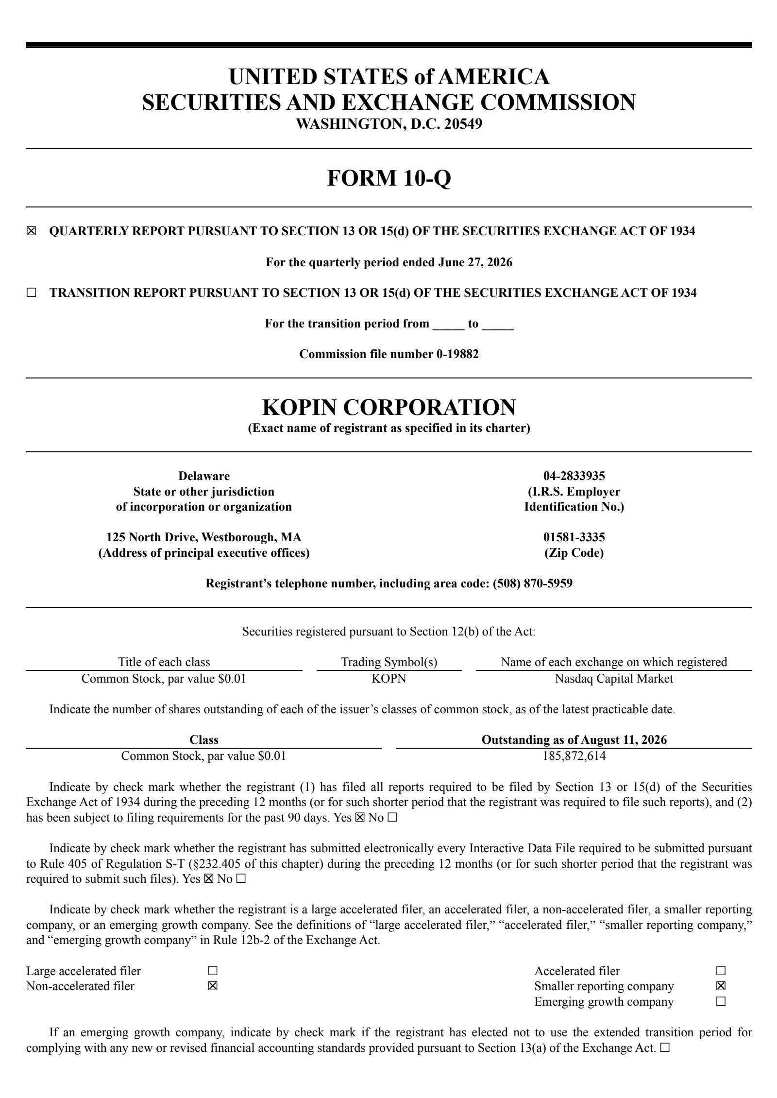 Kopin's Q2 2026 Quarterly report