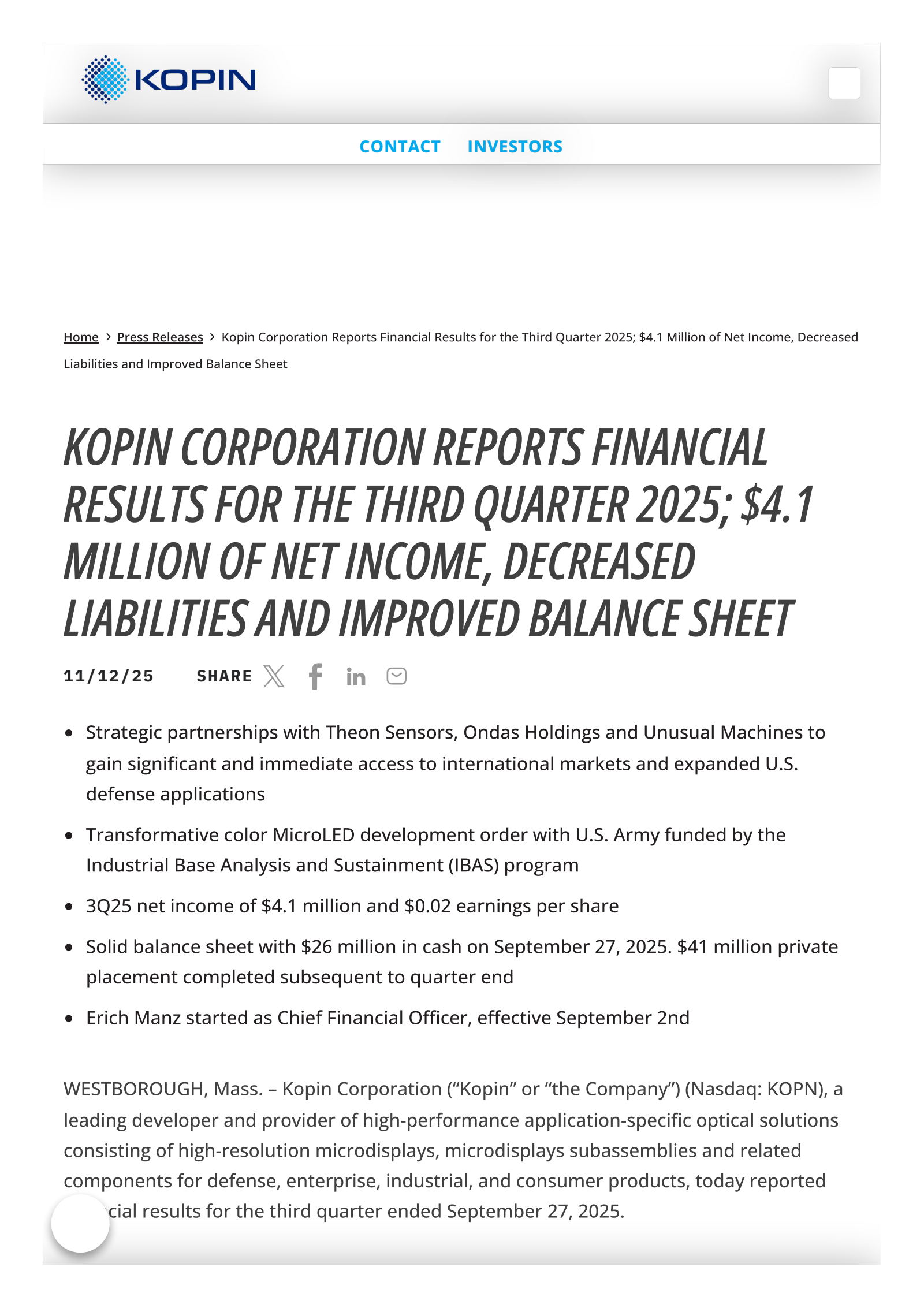 Kopin's Q3 2025 Earnings Release