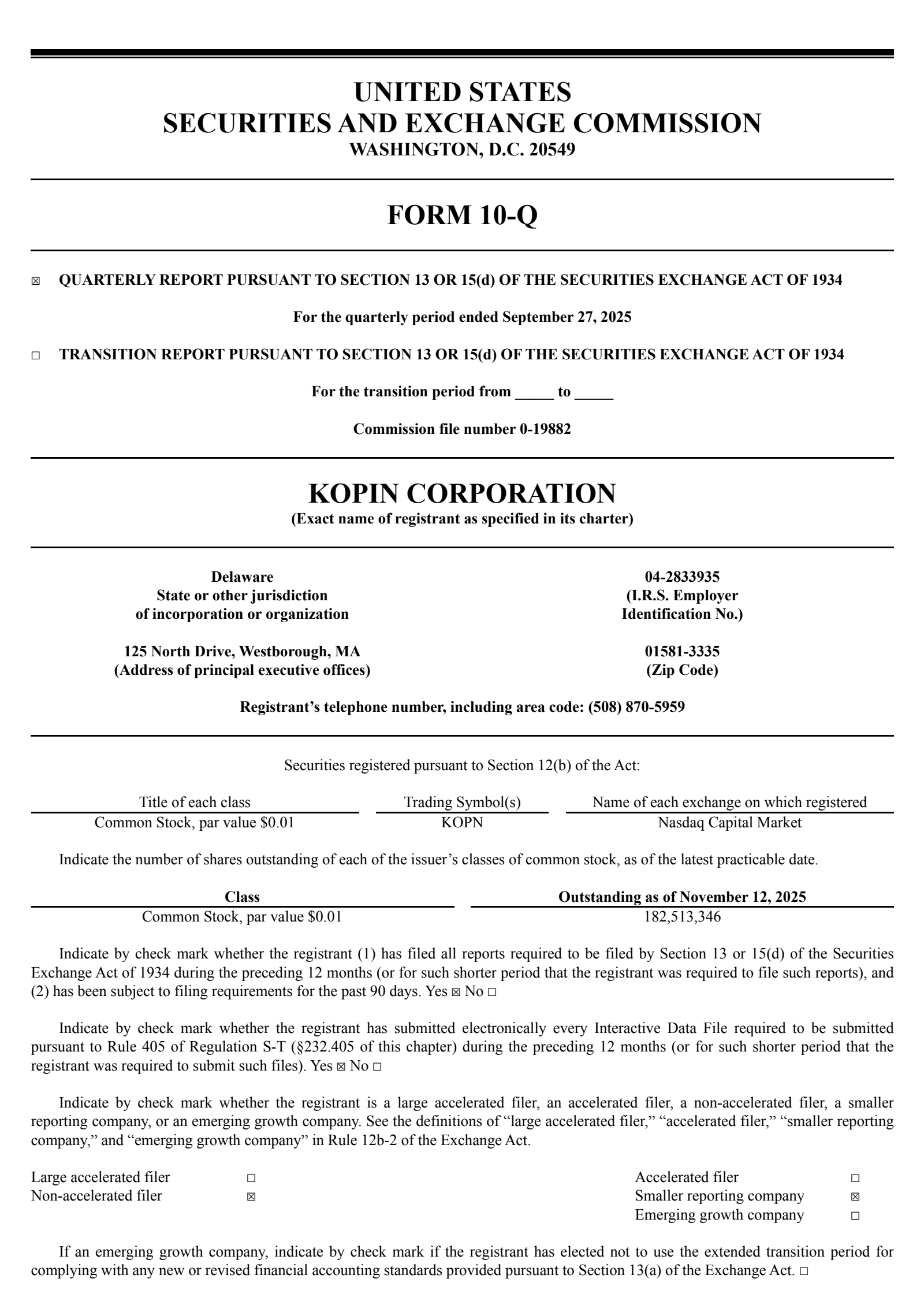 Kopin's Q3 2025 Quarterly Report