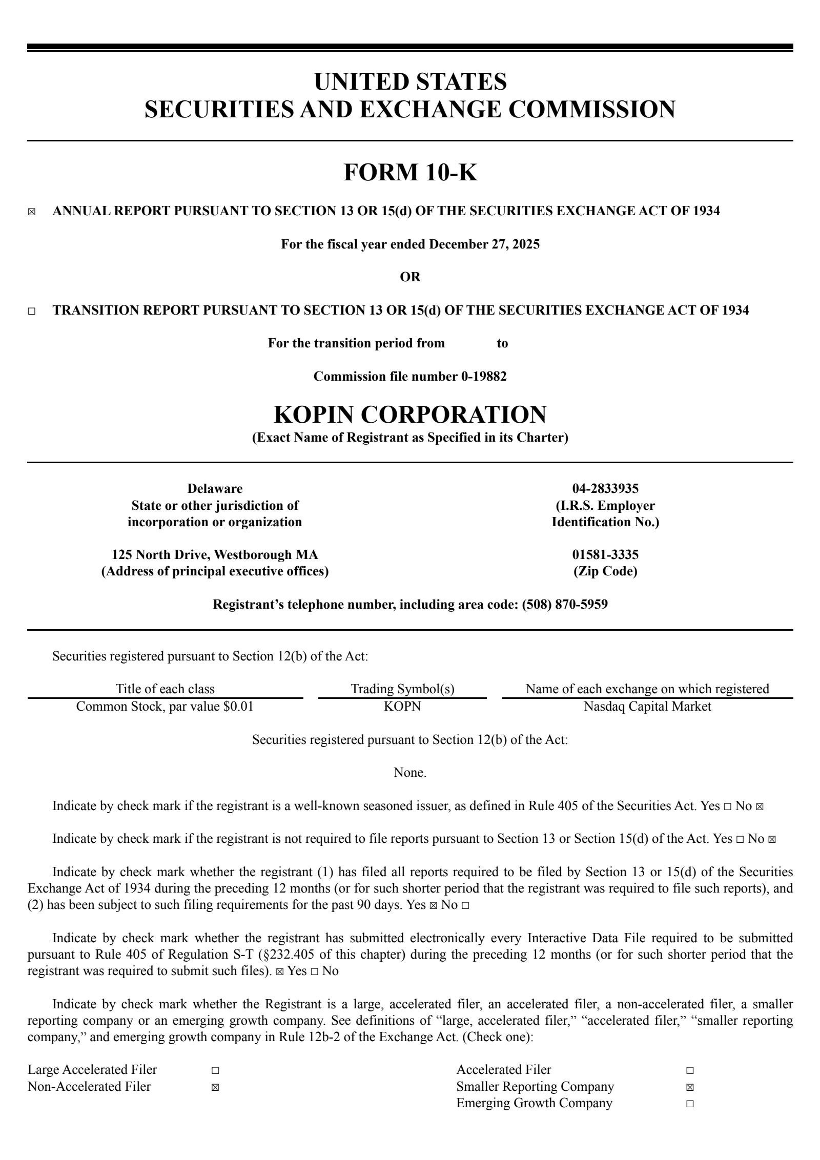 Kopin's Q4 2025 Annual report