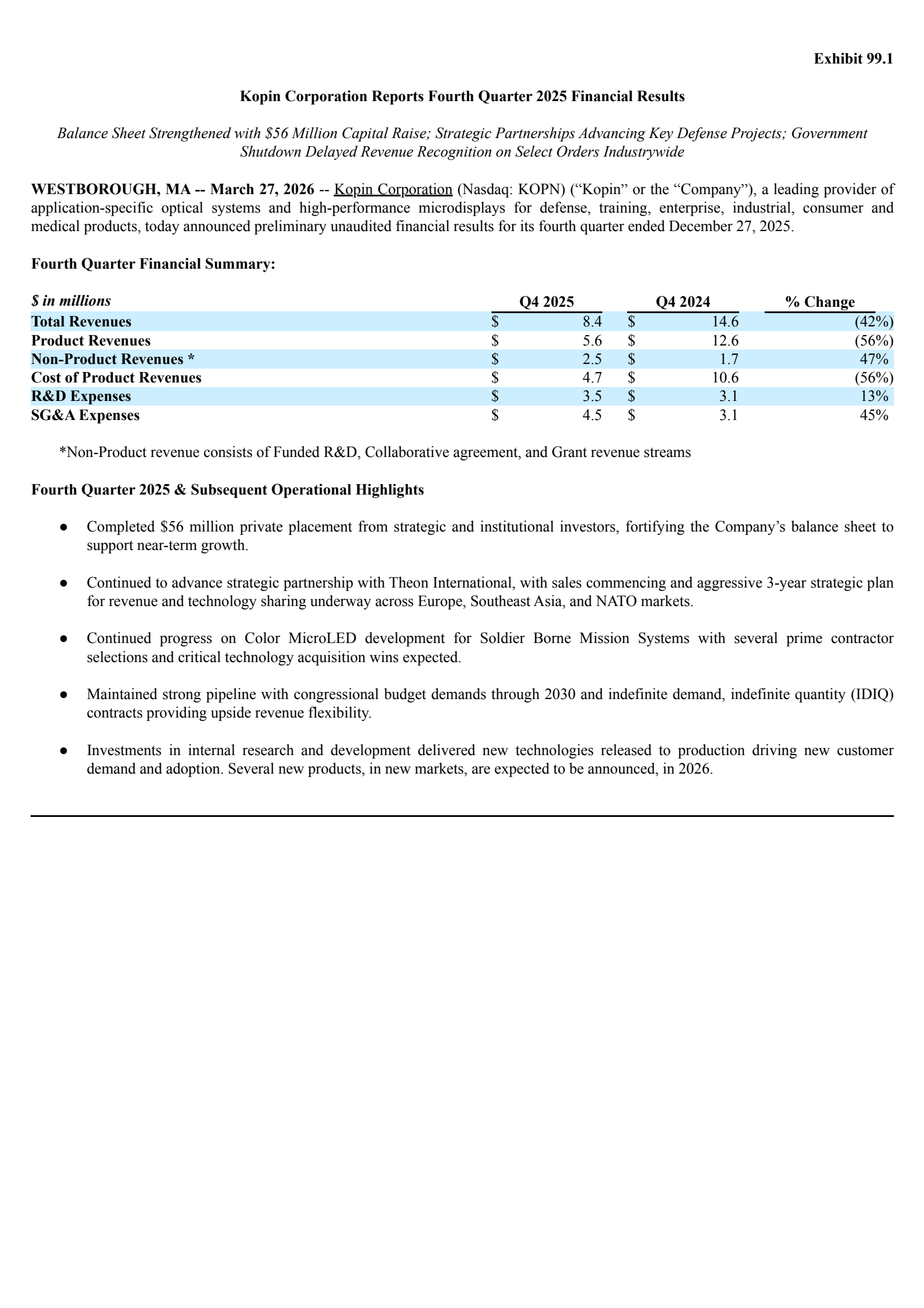 Kopin's Q4 2025 Press Release