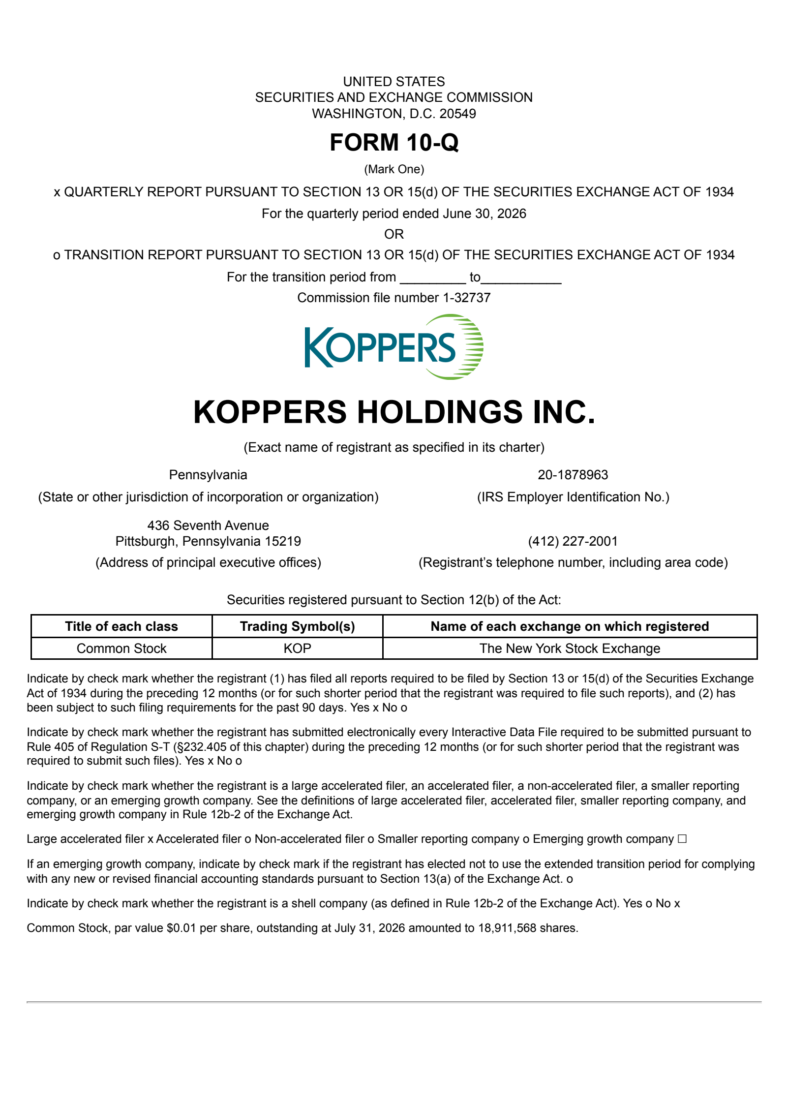 Koppers' Q2 2026 Quarterly report
