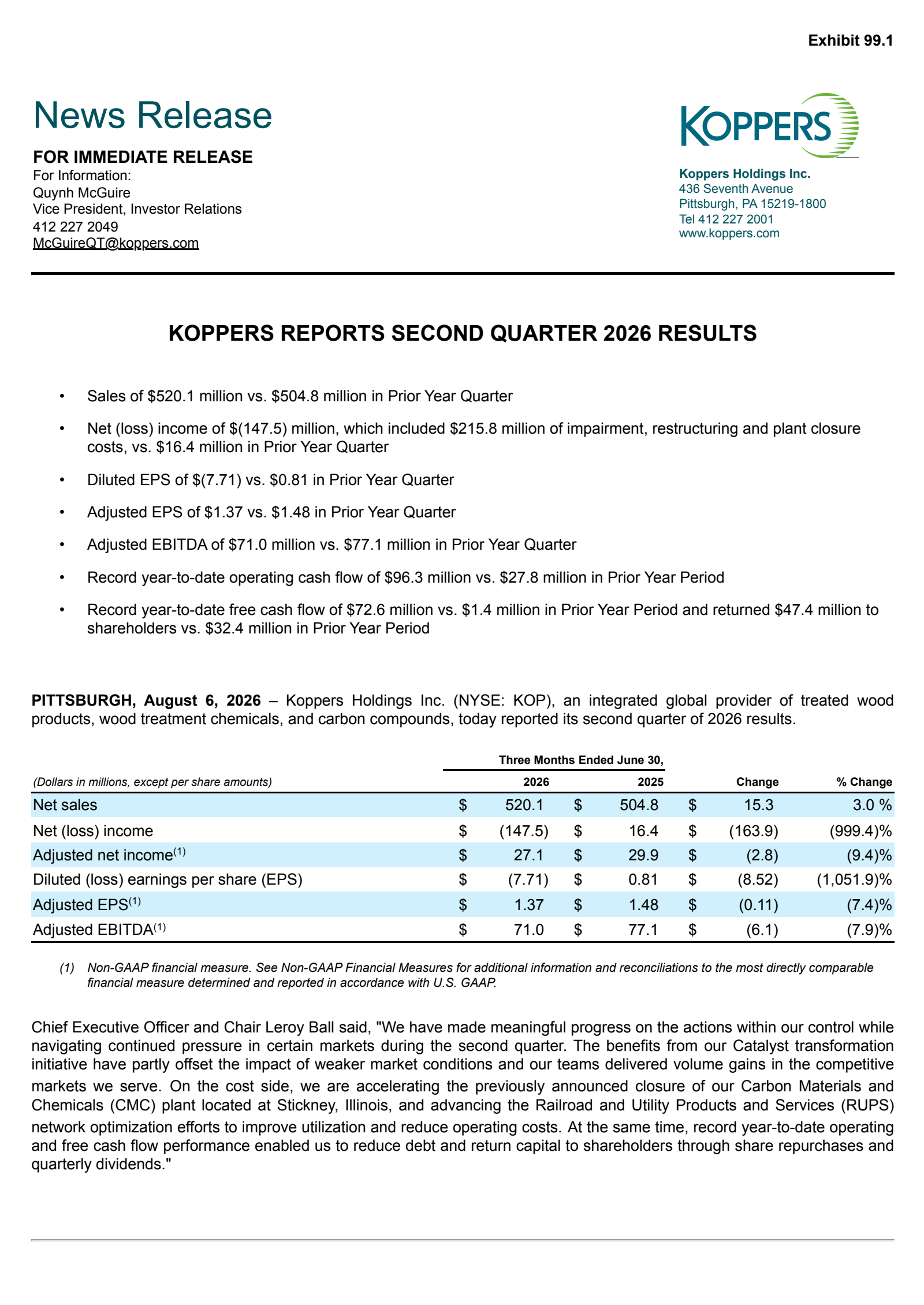 Koppers' Q2 2026 Press Release