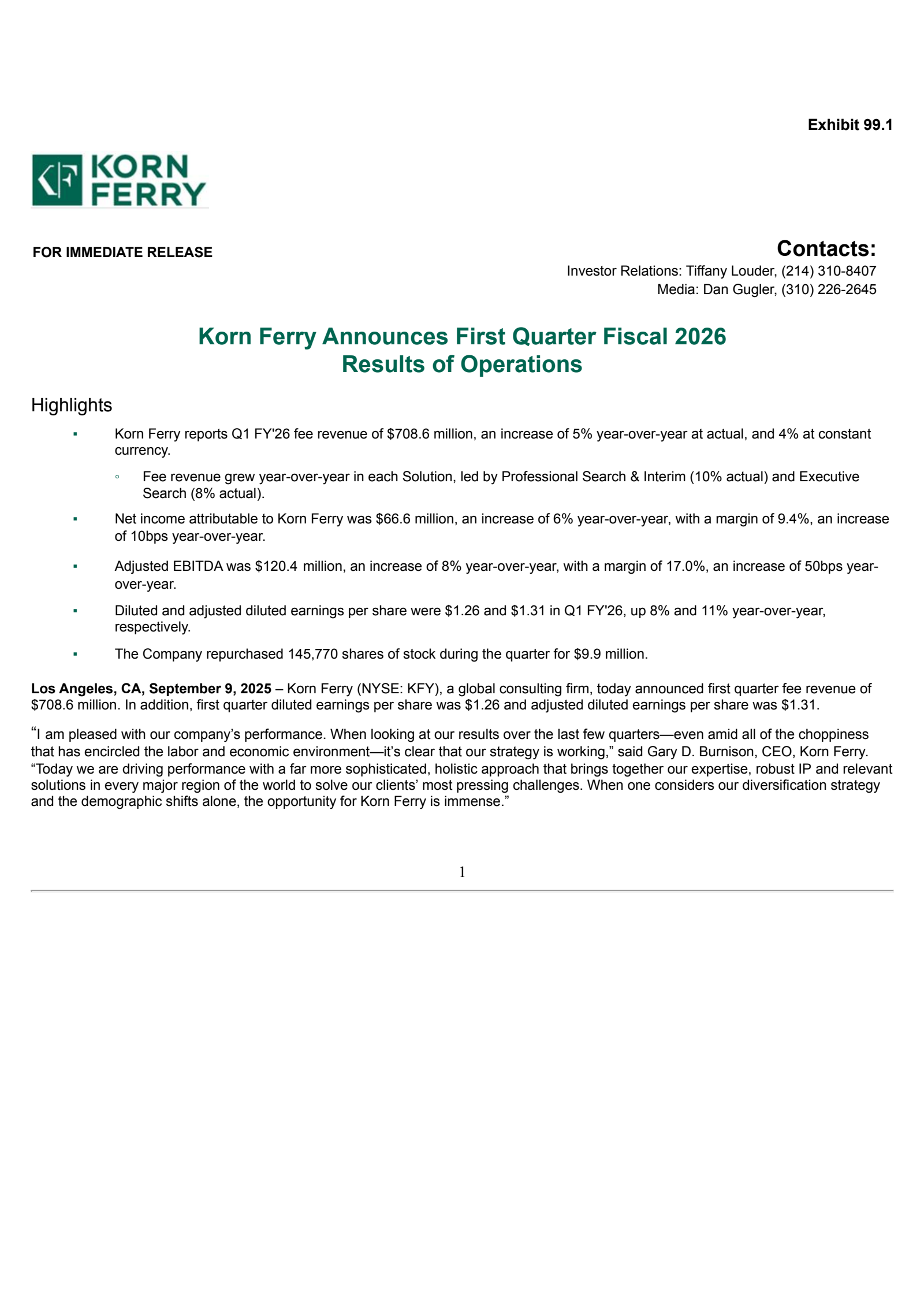 Korn/Ferry International's Q1 2026 Press Release