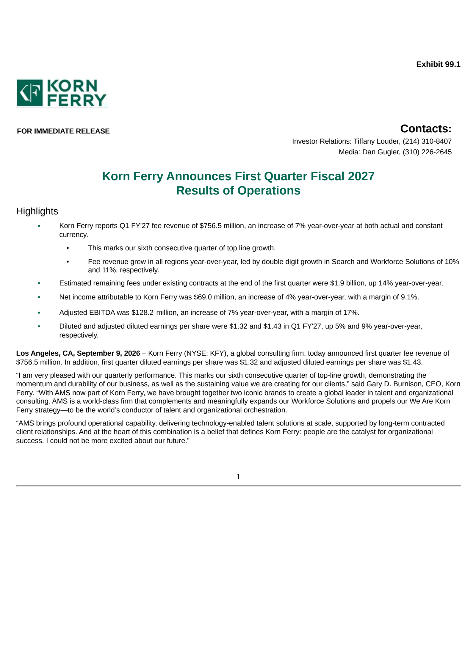 Korn/Ferry International's Q1 2027 Press Release