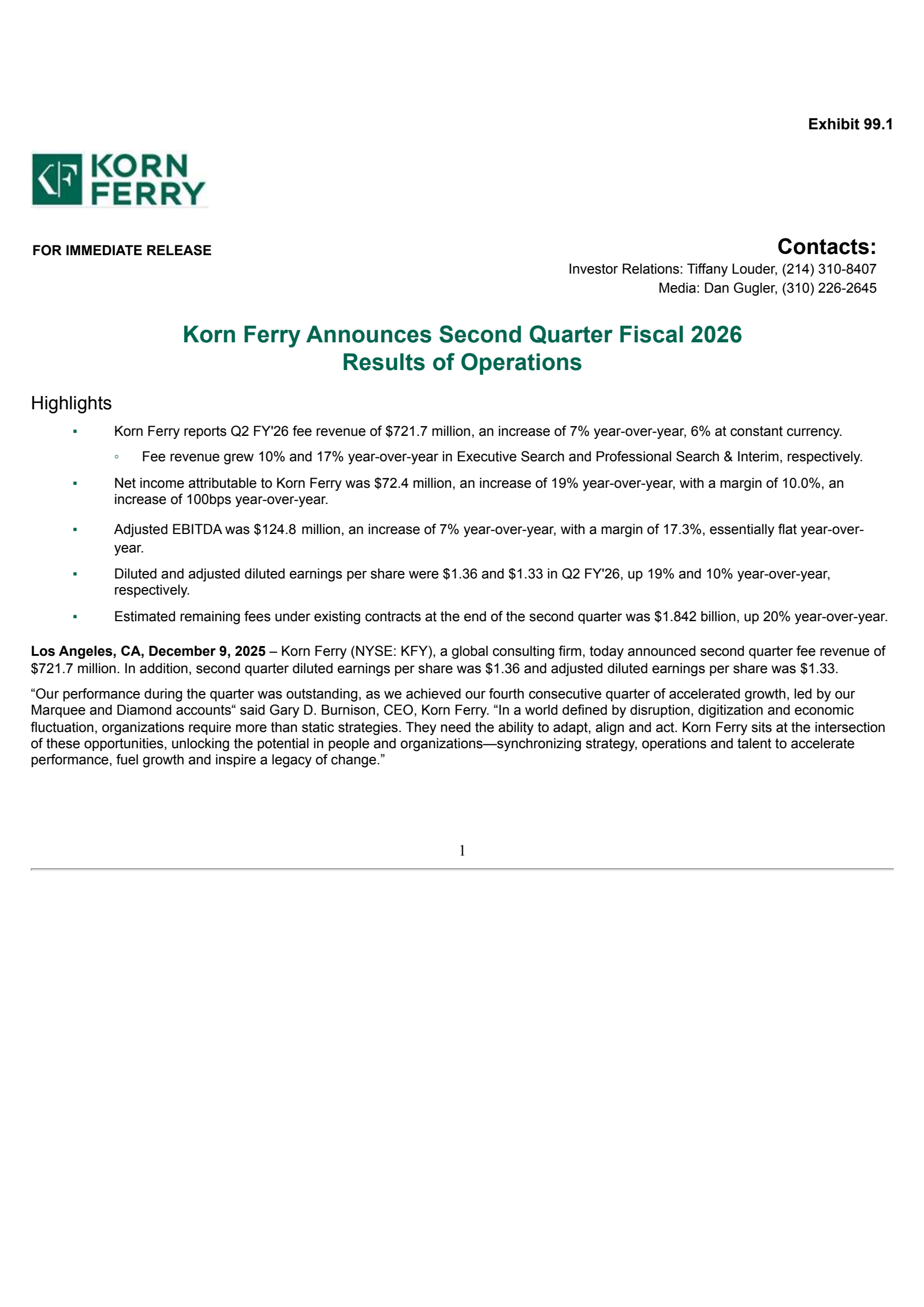 Korn/Ferry International's Q2 2026 Earnings Release