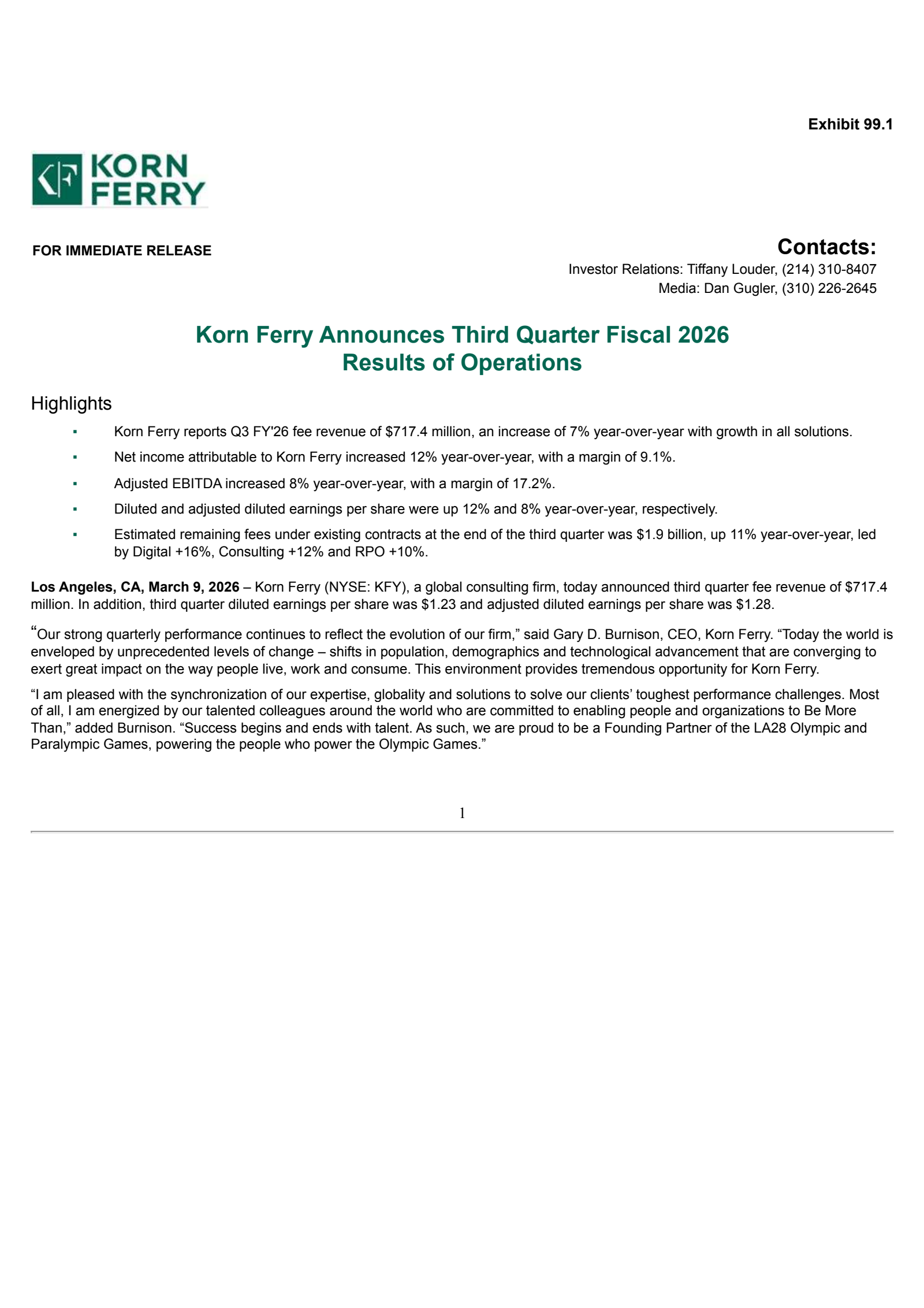 Korn/Ferry International's Q3 2026 Press Release