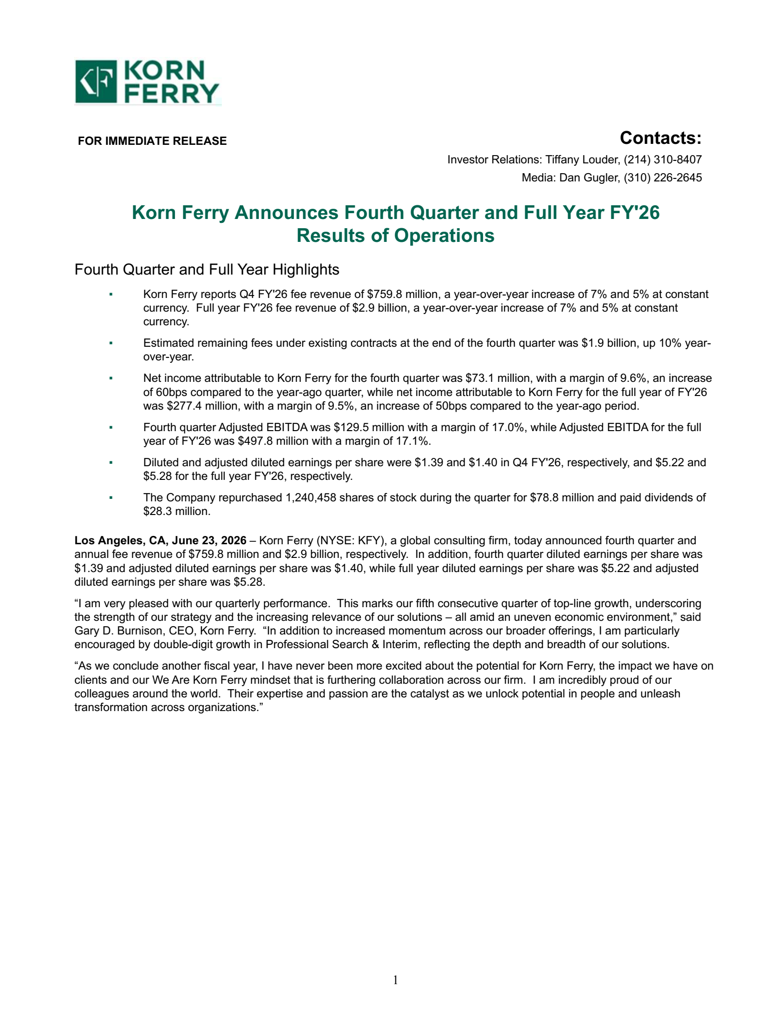 Korn/Ferry International's Q4 2026 Press Release